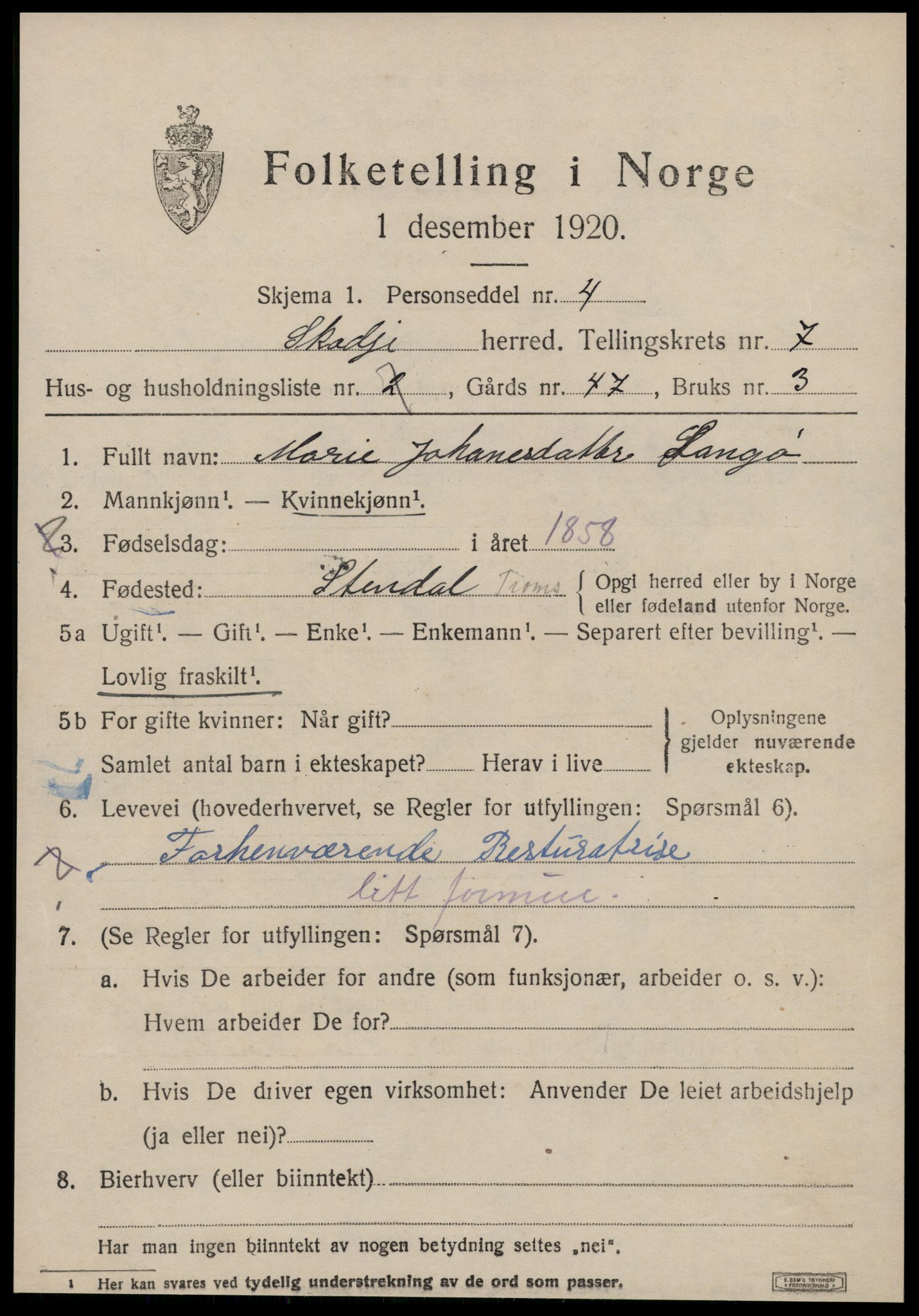 SAT, 1920 census for Skodje, 1920, p. 2975