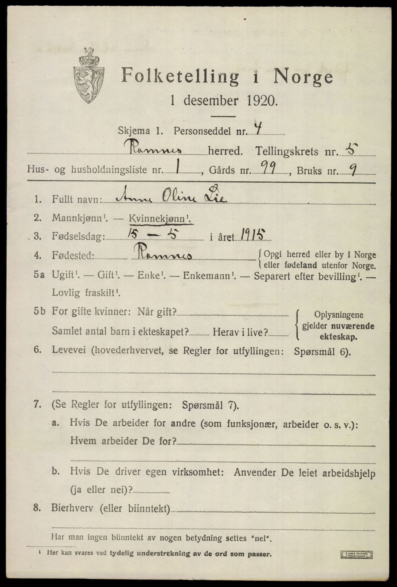 SAKO, 1920 census for Ramnes, 1920, p. 4980