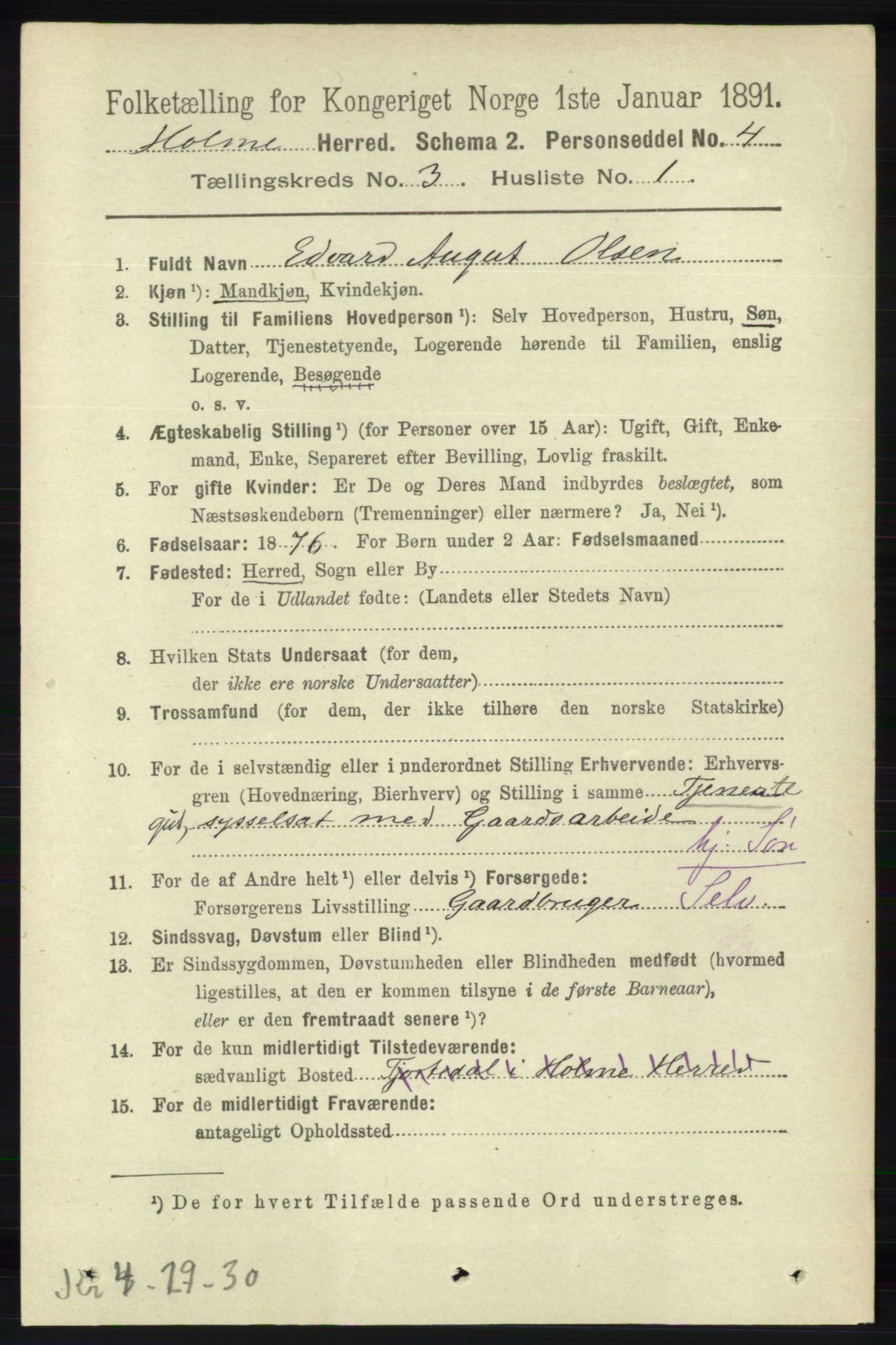 RA, 1891 census for 1020 Holum, 1891, p. 825