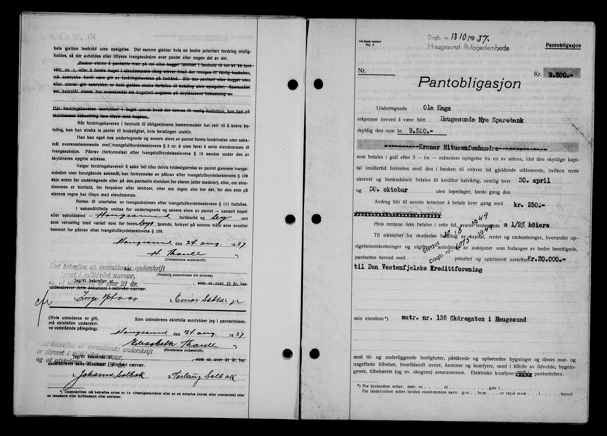 Haugesund tingrett, AV/SAST-A-101415/01/II/IIC/L0031: Mortgage book no. 31, 1936-1938, Diary no: : 1310/1937