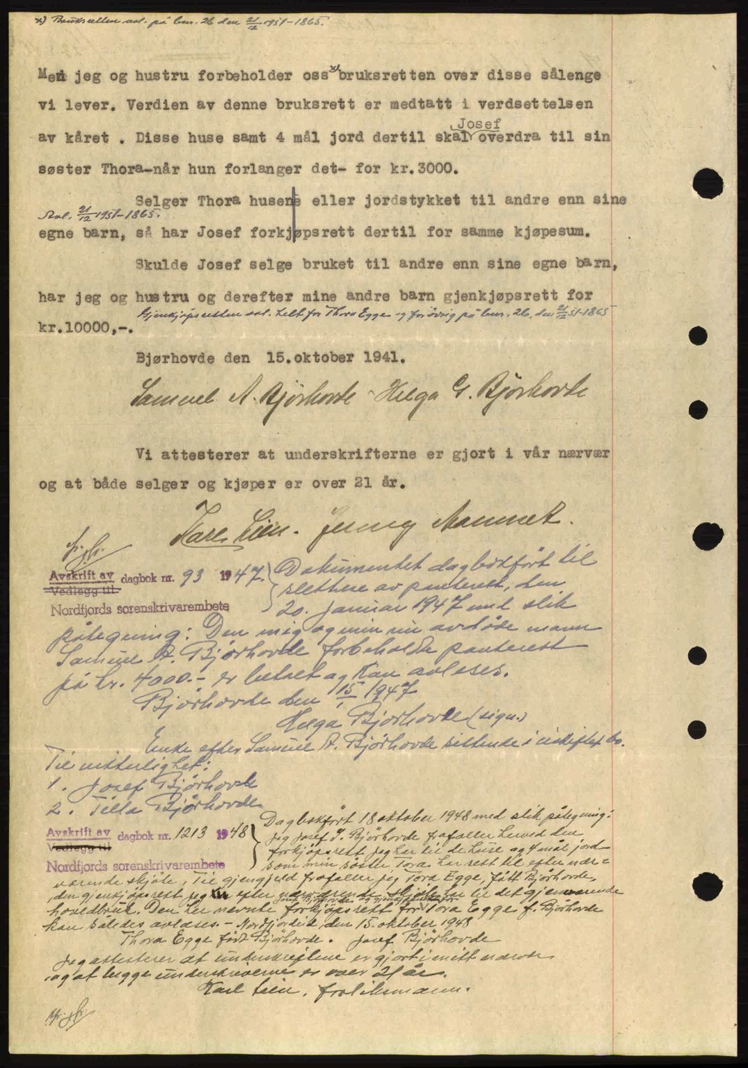 Nordfjord sorenskriveri, AV/SAB-A-2801/02/02b/02bj/L0006: Mortgage book no. A6, 1940-1941, Diary no: : 1423/1941