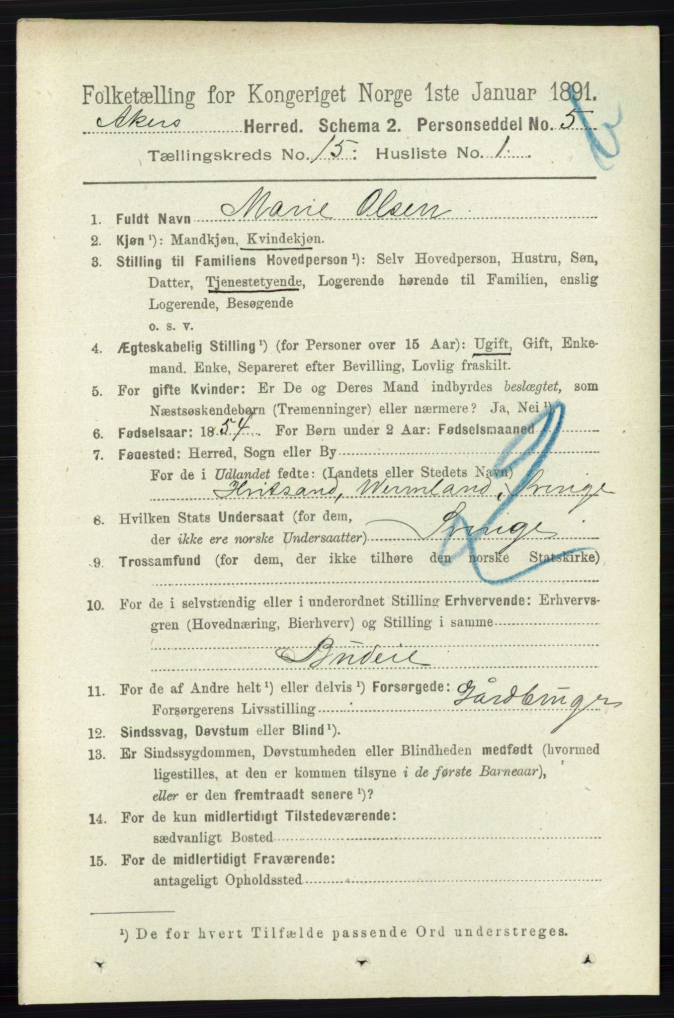 RA, 1891 census for 0218 Aker, 1891, p. 13327