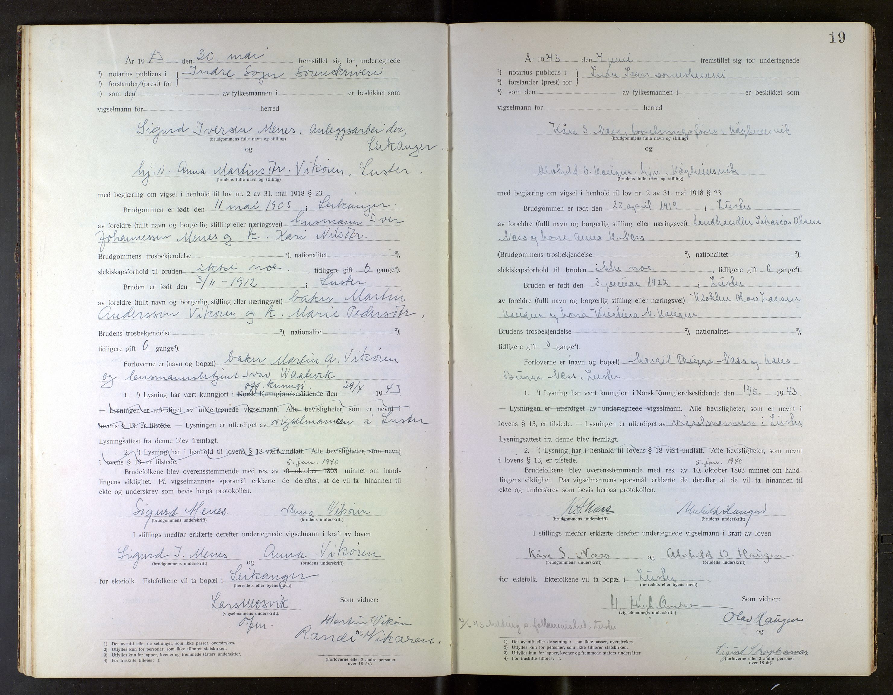 Indre Sogn tingrett, AV/SAB-A-3301/1/L/La/Laa/L0001: Vigselsbok Indre Sogn, 1938-1967, p. 19