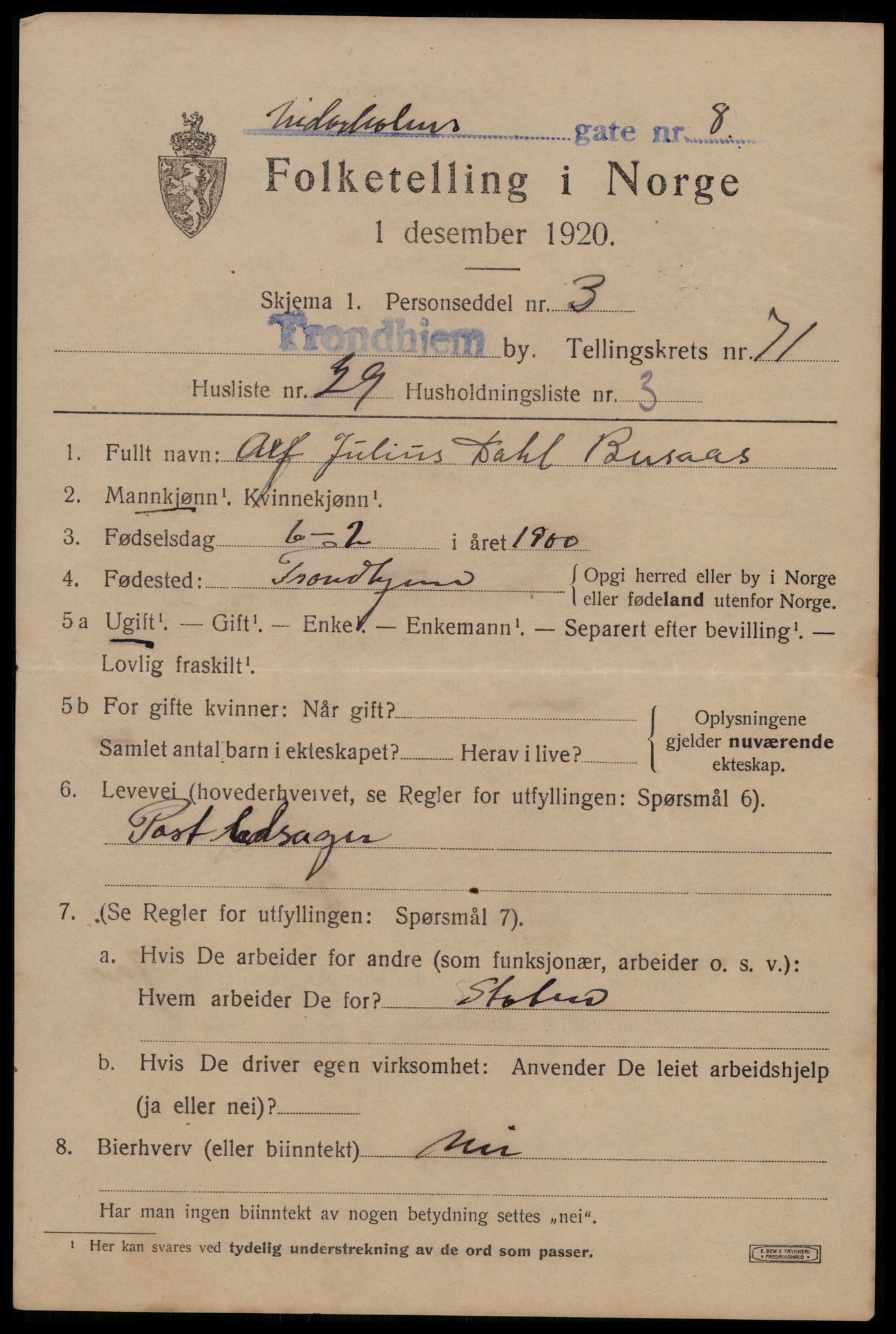 SAT, 1920 census for Trondheim, 1920, p. 141004