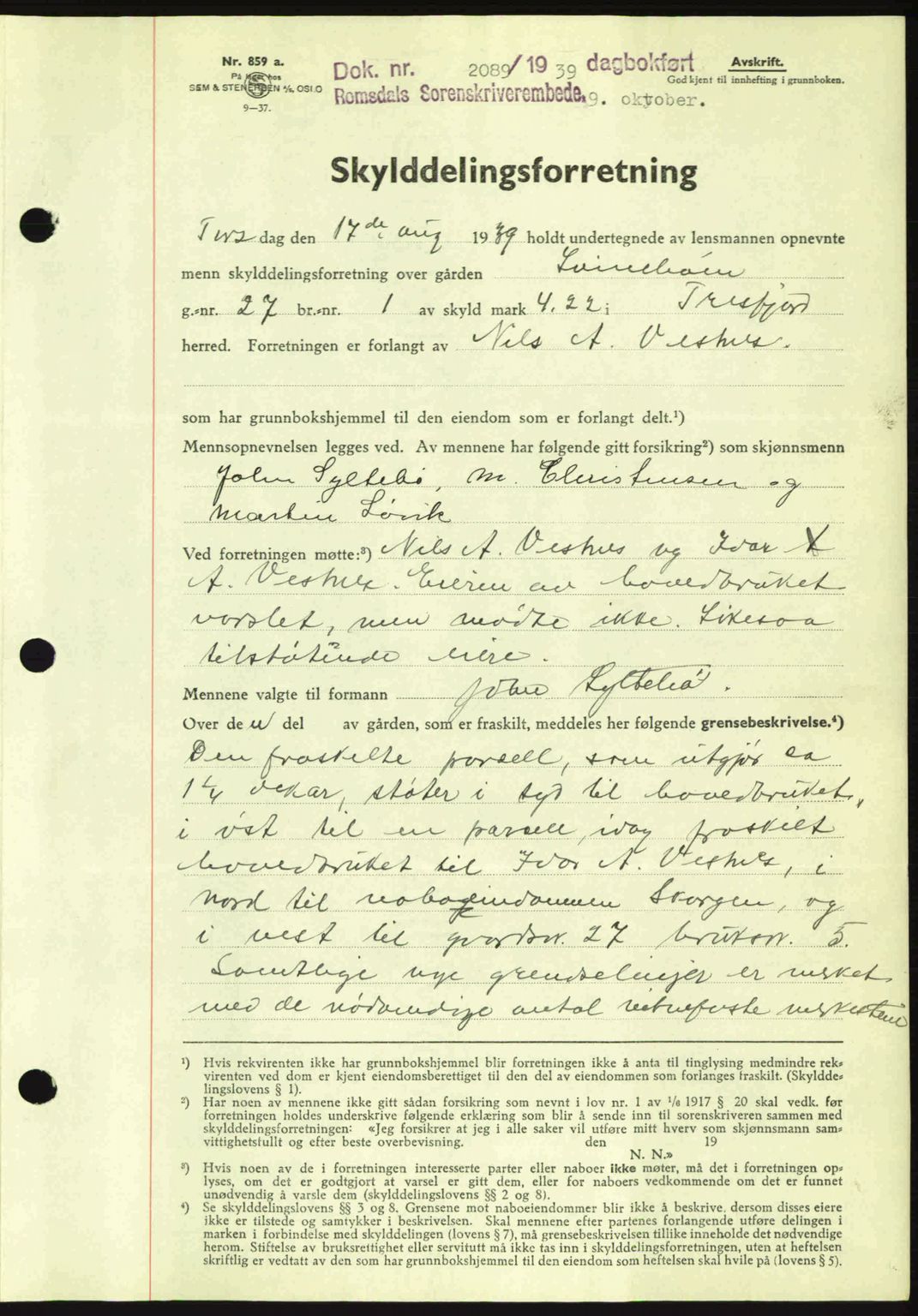 Romsdal sorenskriveri, AV/SAT-A-4149/1/2/2C: Mortgage book no. A7, 1939-1939, Diary no: : 2089/1939