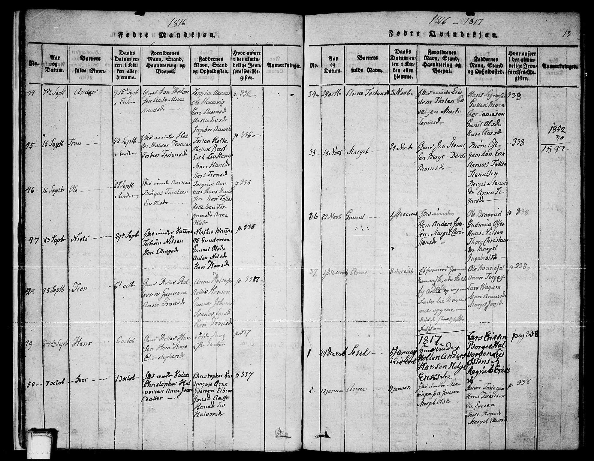Sauherad kirkebøker, SAKO/A-298/F/Fa/L0005: Parish register (official) no. I 5, 1815-1829, p. 13