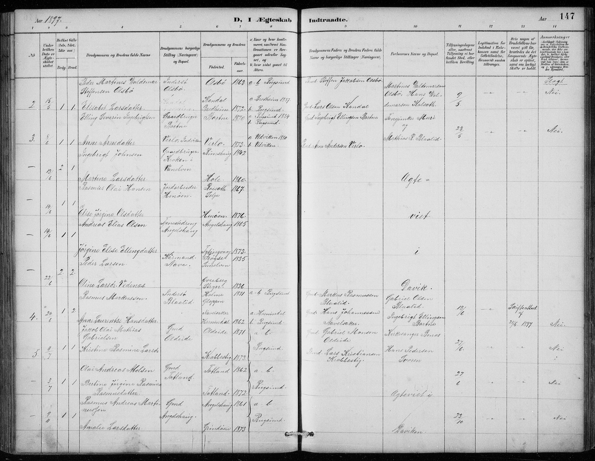 Davik sokneprestembete, SAB/A-79701/H/Hab/Habc/L0002: Parish register (copy) no. C 2, 1889-1906, p. 147