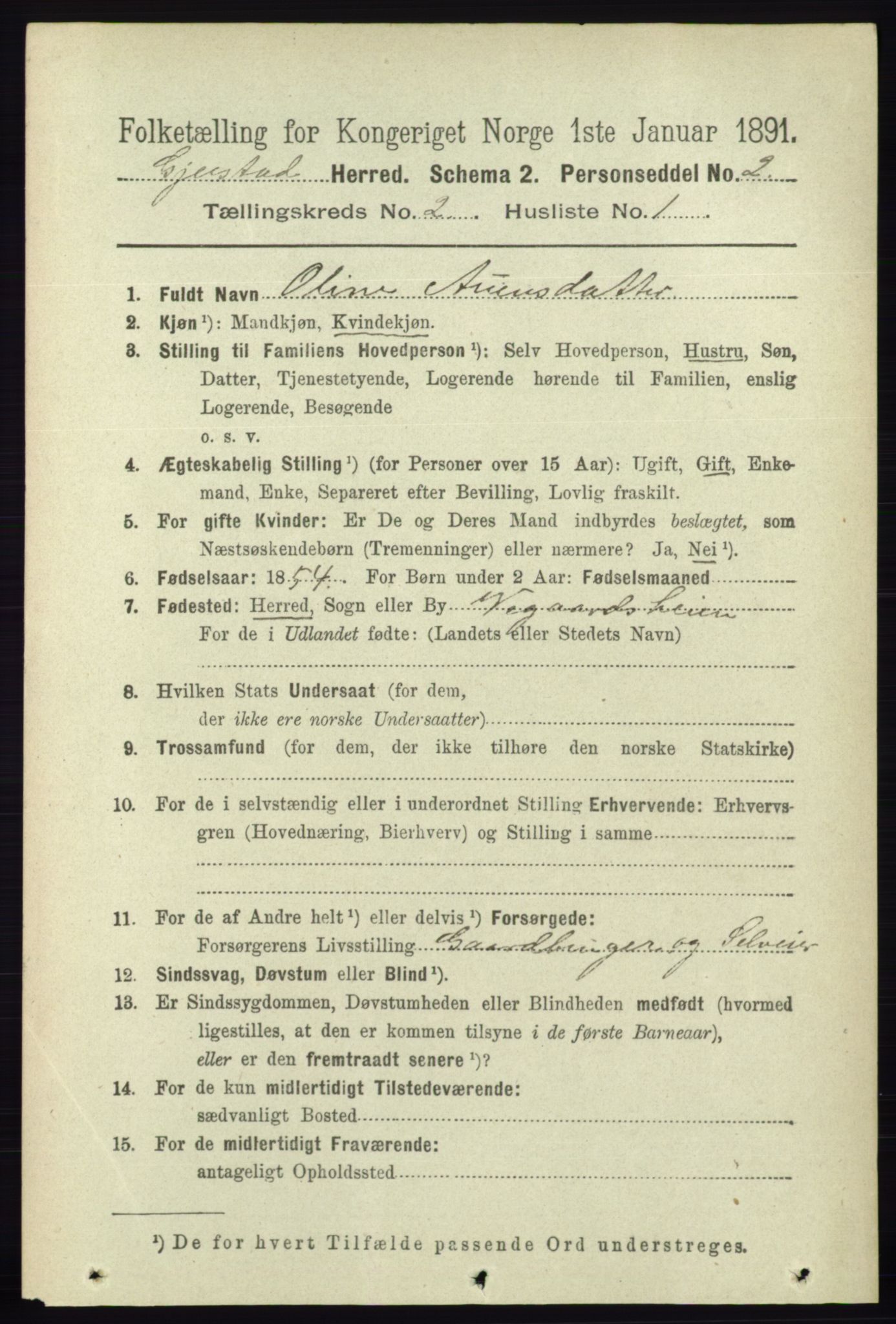 RA, 1891 census for 0911 Gjerstad, 1891, p. 654