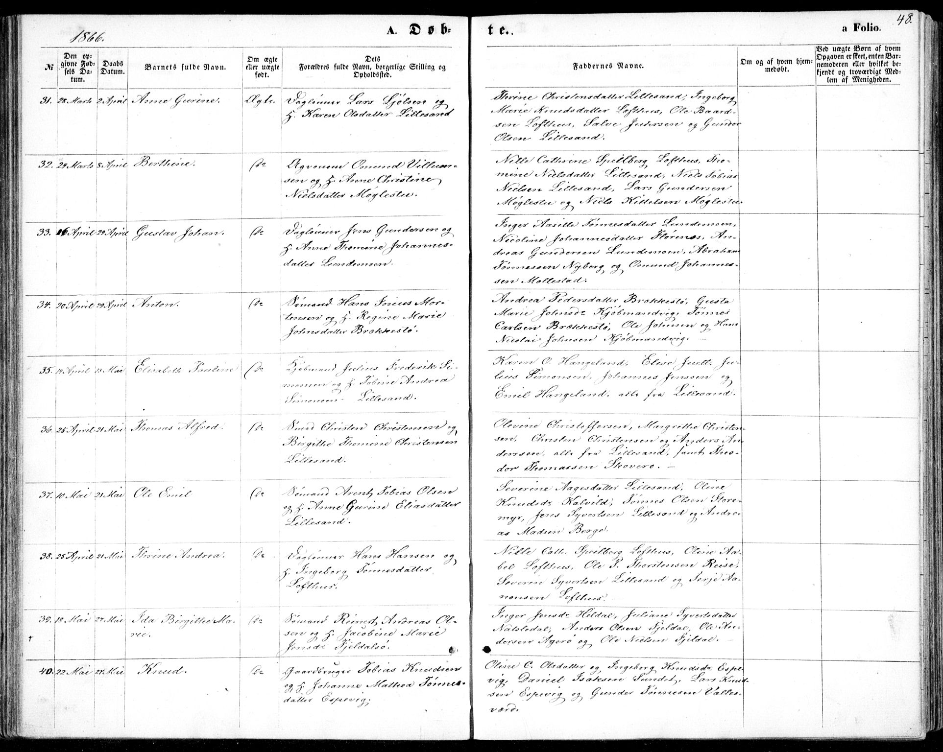 Vestre Moland sokneprestkontor, AV/SAK-1111-0046/F/Fb/Fbb/L0004: Parish register (copy) no. B 4, 1861-1872, p. 48