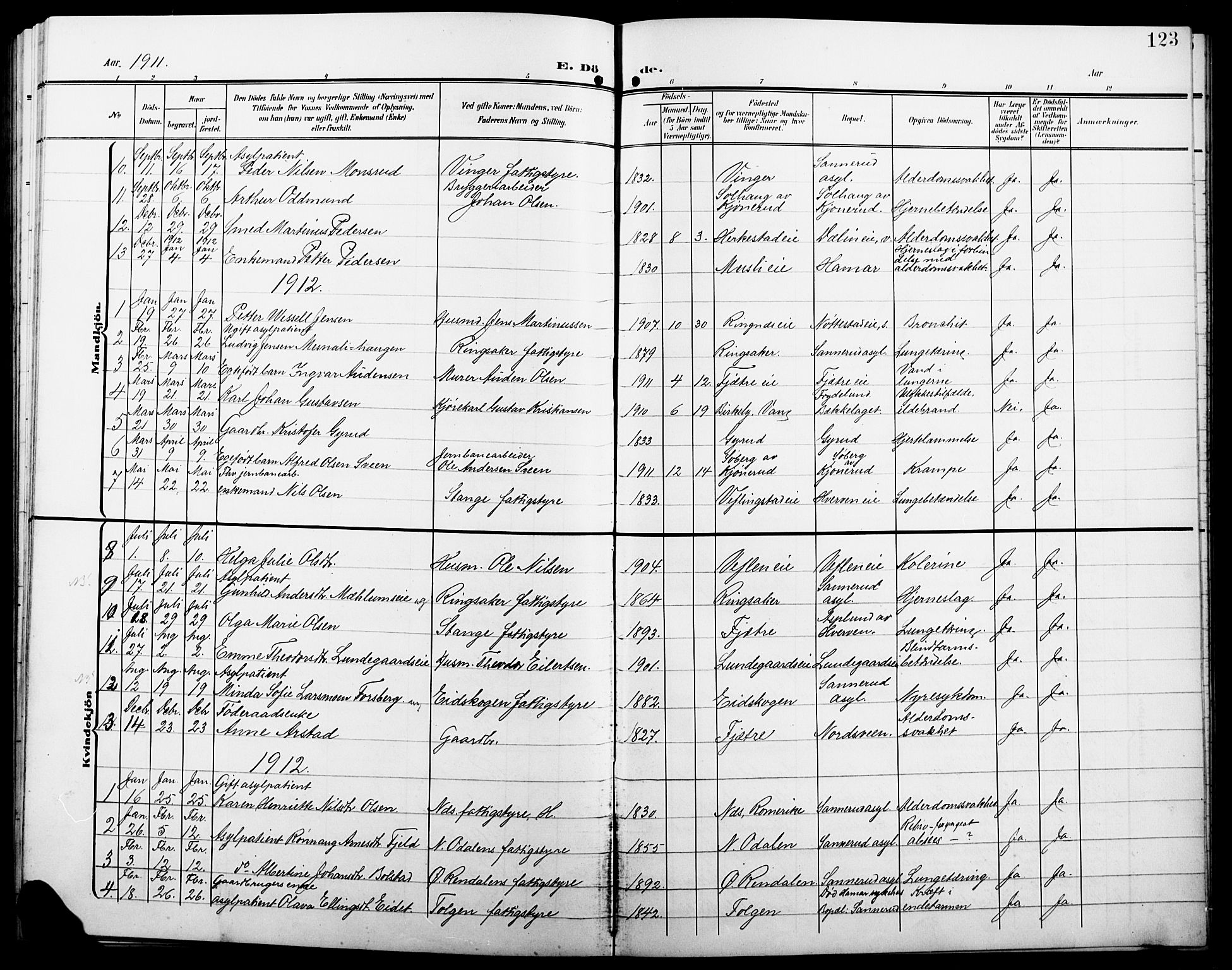 Stange prestekontor, SAH/PREST-002/L/L0013: Parish register (copy) no. 13, 1906-1915, p. 123