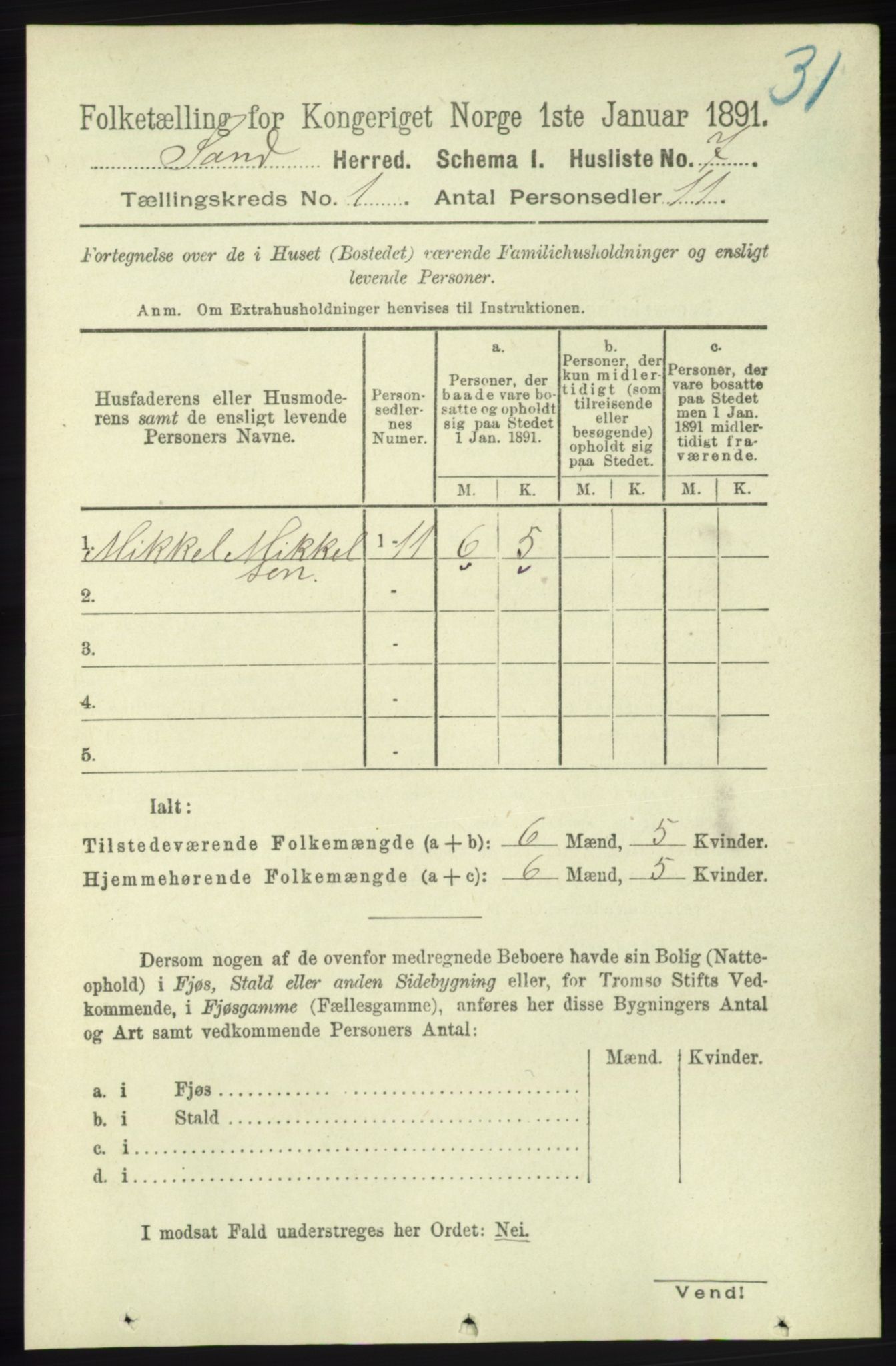 RA, 1891 census for 1136 Sand, 1891, p. 22