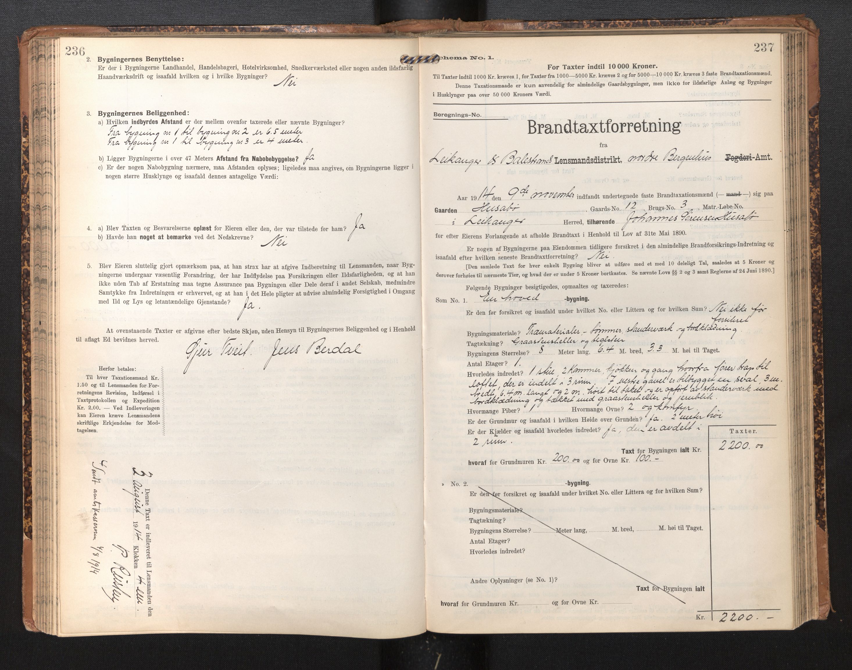 Lensmannen i Leikanger, SAB/A-29201/0012/L0005: Branntakstprotokoll, skjematakst, 1907-1917, p. 236-237