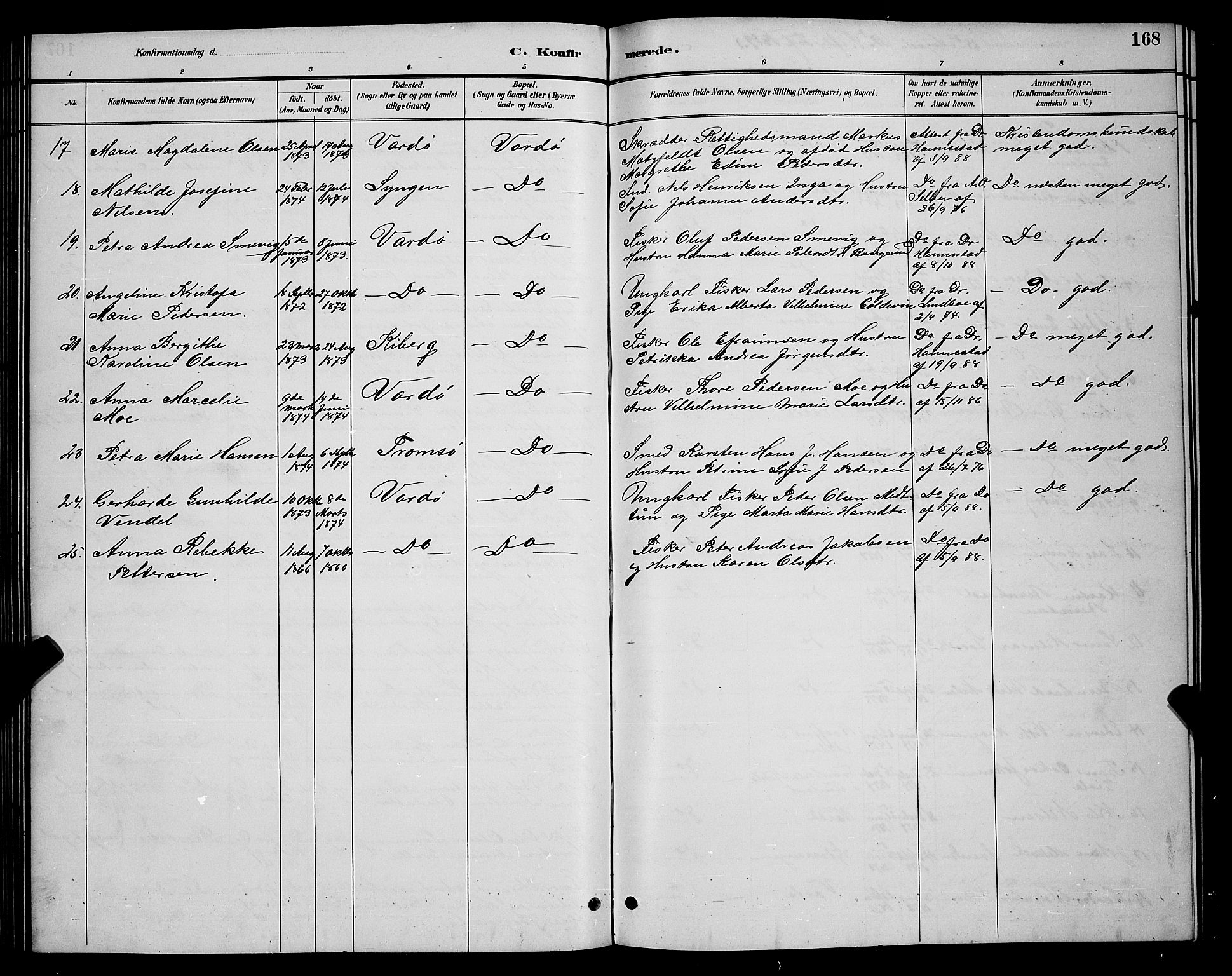 Vardø sokneprestkontor, AV/SATØ-S-1332/H/Hb/L0005klokker: Parish register (copy) no. 5, 1887-1892, p. 168