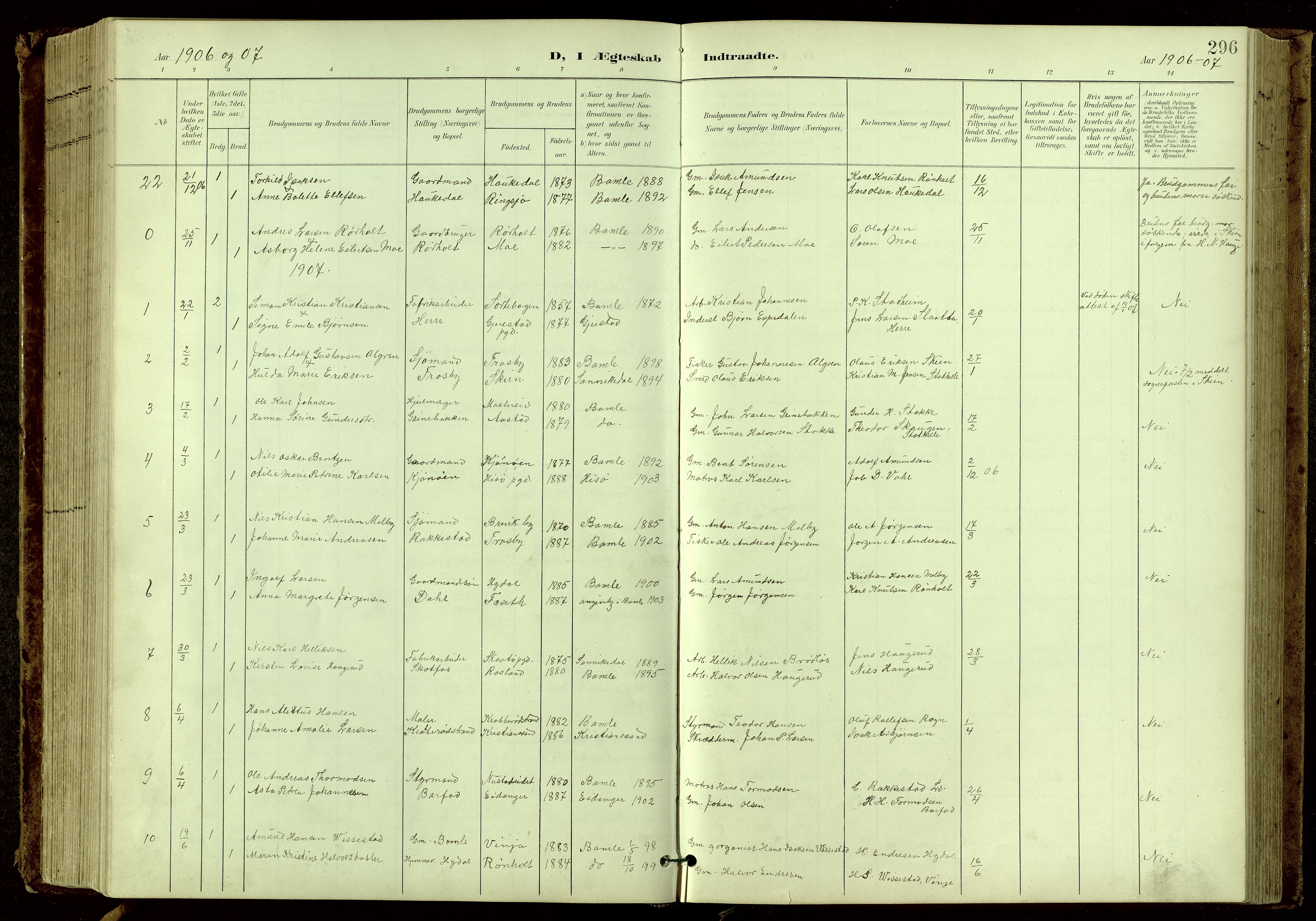 Bamble kirkebøker, SAKO/A-253/G/Ga/L0010: Parish register (copy) no. I 10, 1901-1919, p. 296