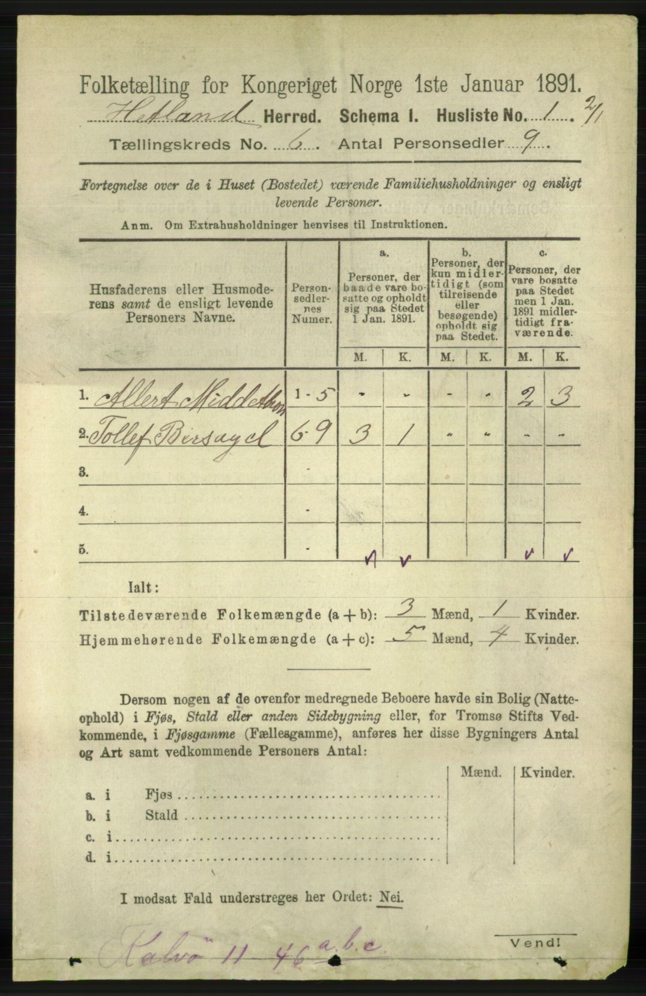 RA, 1891 census for 1126 Hetland, 1891, p. 3354