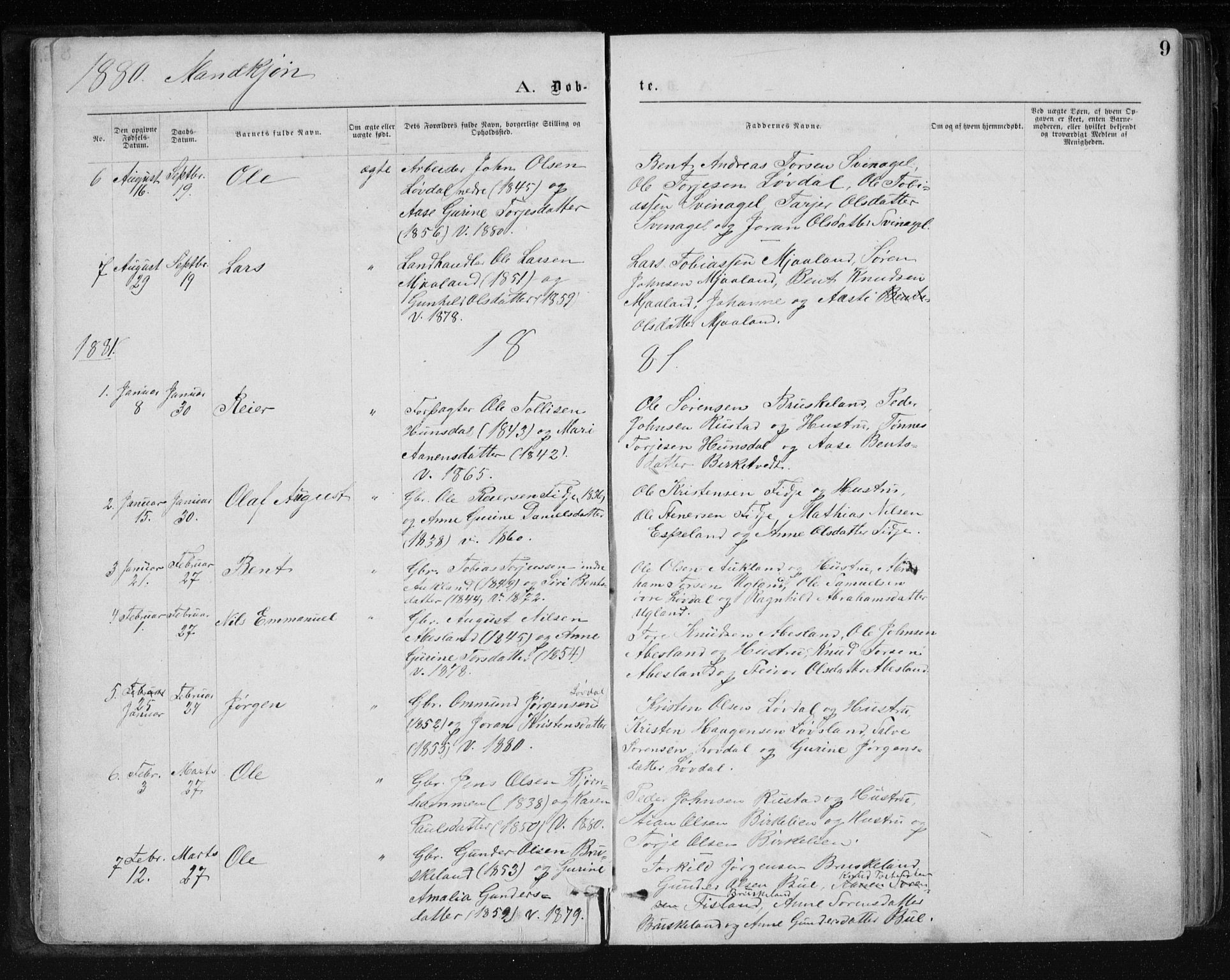 Holum sokneprestkontor, AV/SAK-1111-0022/F/Fb/Fbb/L0003: Parish register (copy) no. B 3, 1875-1898, p. 9