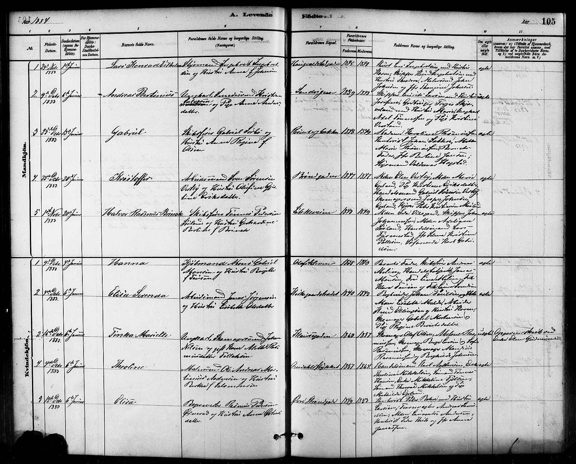 Domkirken sokneprestkontor, AV/SAST-A-101812/001/30/30BB/L0015: Parish register (copy) no. B 15, 1880-1891, p. 105