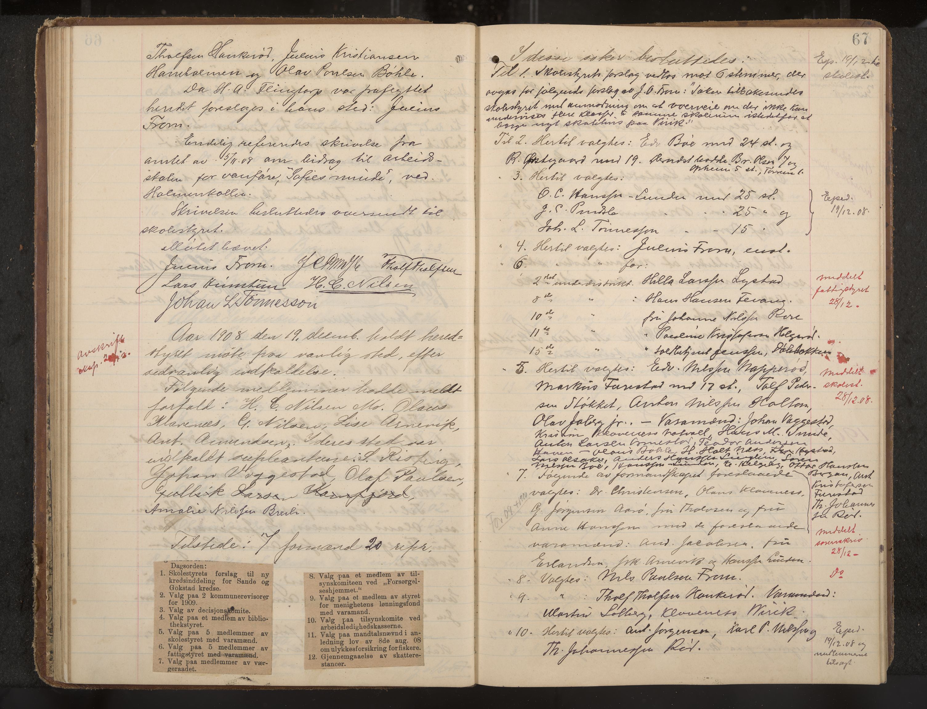 Sandar formannskap og sentraladministrasjon, IKAK/0724021/A/Aa/L0004: Møtebok med register, 1907-1914, p. 67