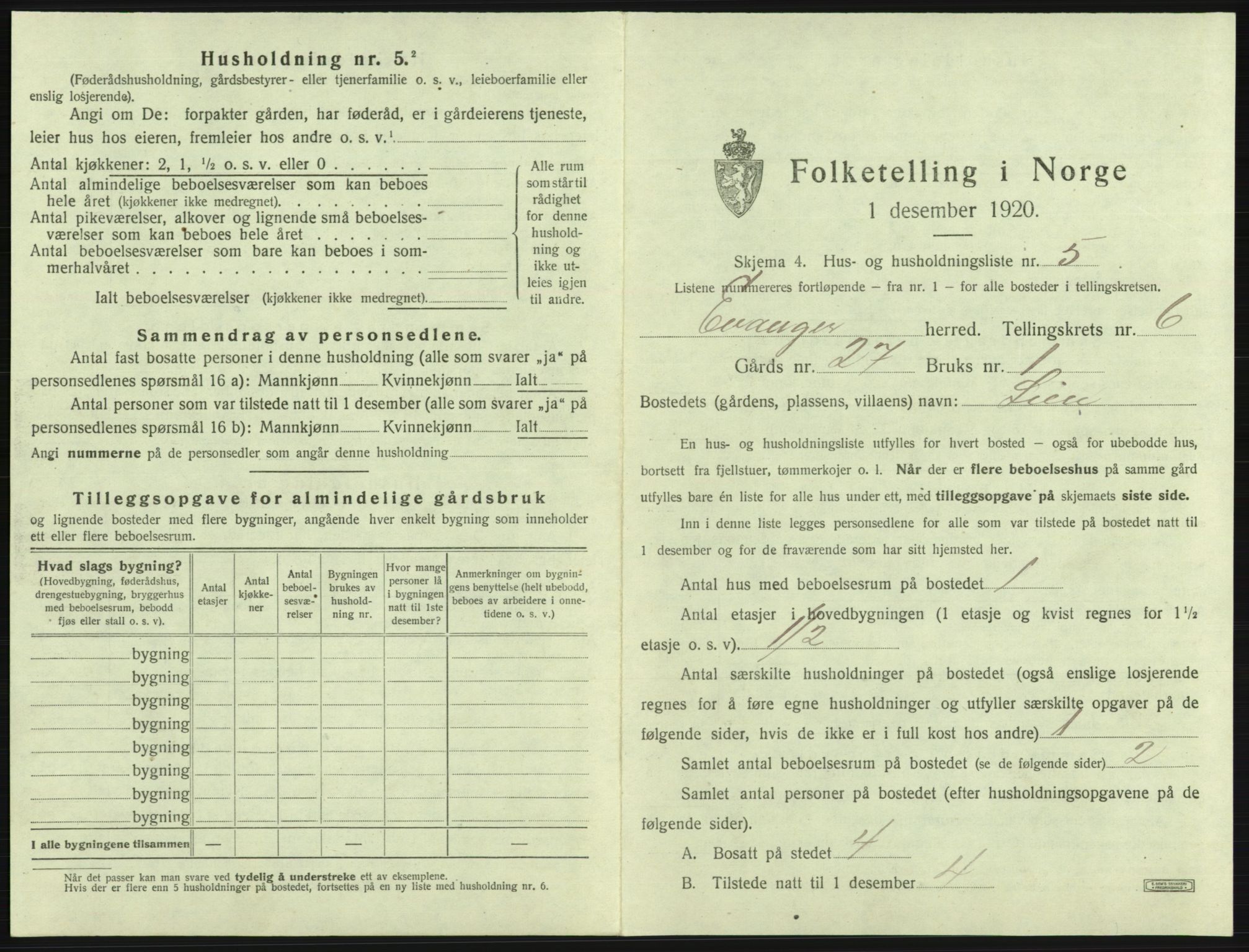 SAB, 1920 census for Evanger, 1920, p. 287