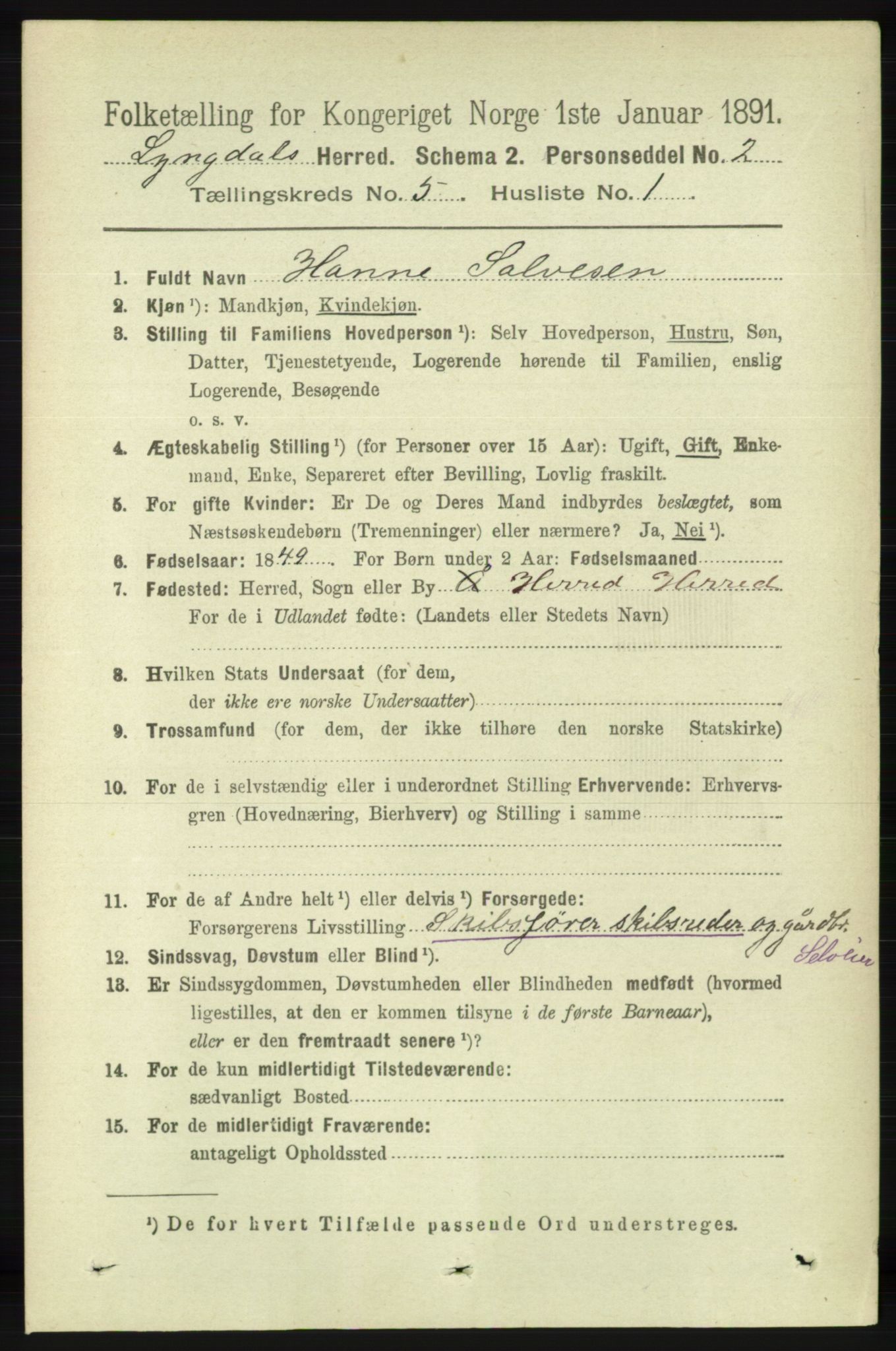 RA, 1891 census for 1032 Lyngdal, 1891, p. 1886