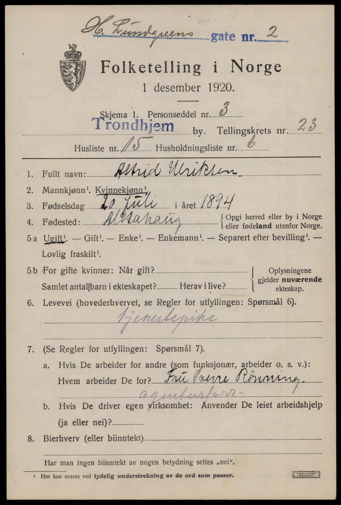 SAT, 1920 census for Trondheim, 1920, p. 64566