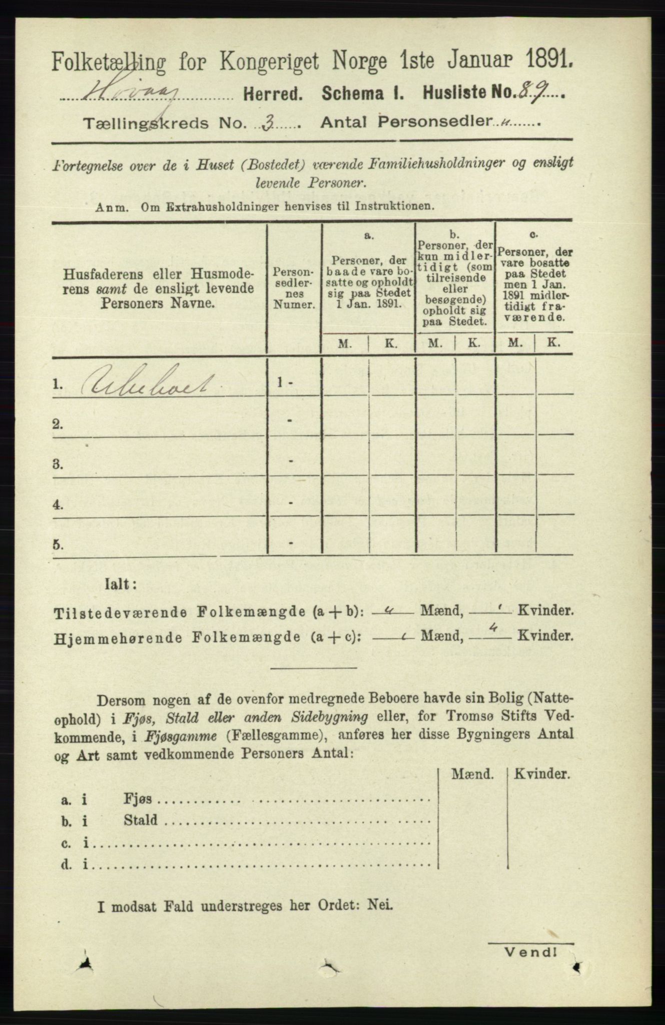 RA, 1891 census for 0927 Høvåg, 1891, p. 1007