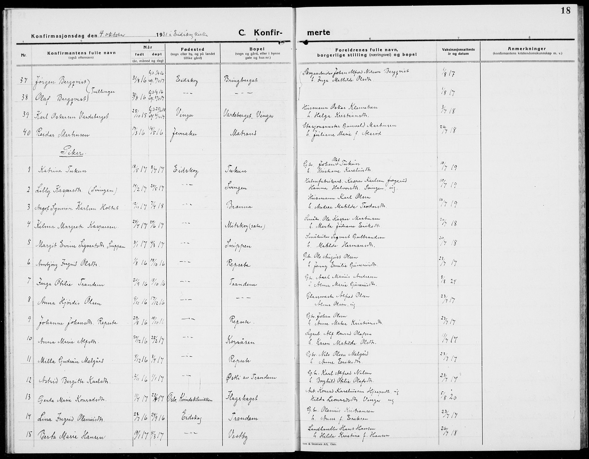 Eidskog prestekontor, AV/SAH-PREST-026/H/Ha/Hab/L0007: Parish register (copy) no. 7, 1925-1938, p. 18