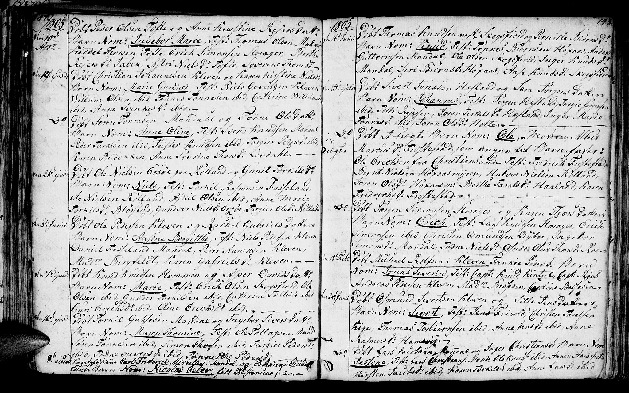 Mandal sokneprestkontor, AV/SAK-1111-0030/F/Fa/Faa/L0008: Parish register (official) no. A 8, 1794-1817, p. 147-148