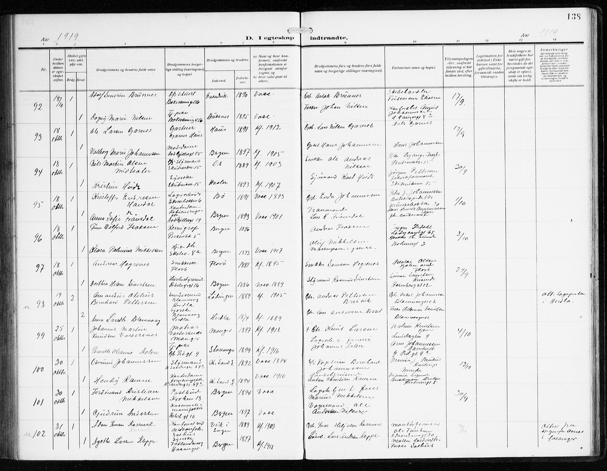 Sandviken Sokneprestembete, AV/SAB-A-77601/H/Ha/L0015: Parish register (official) no. D 2, 1911-1923, p. 138