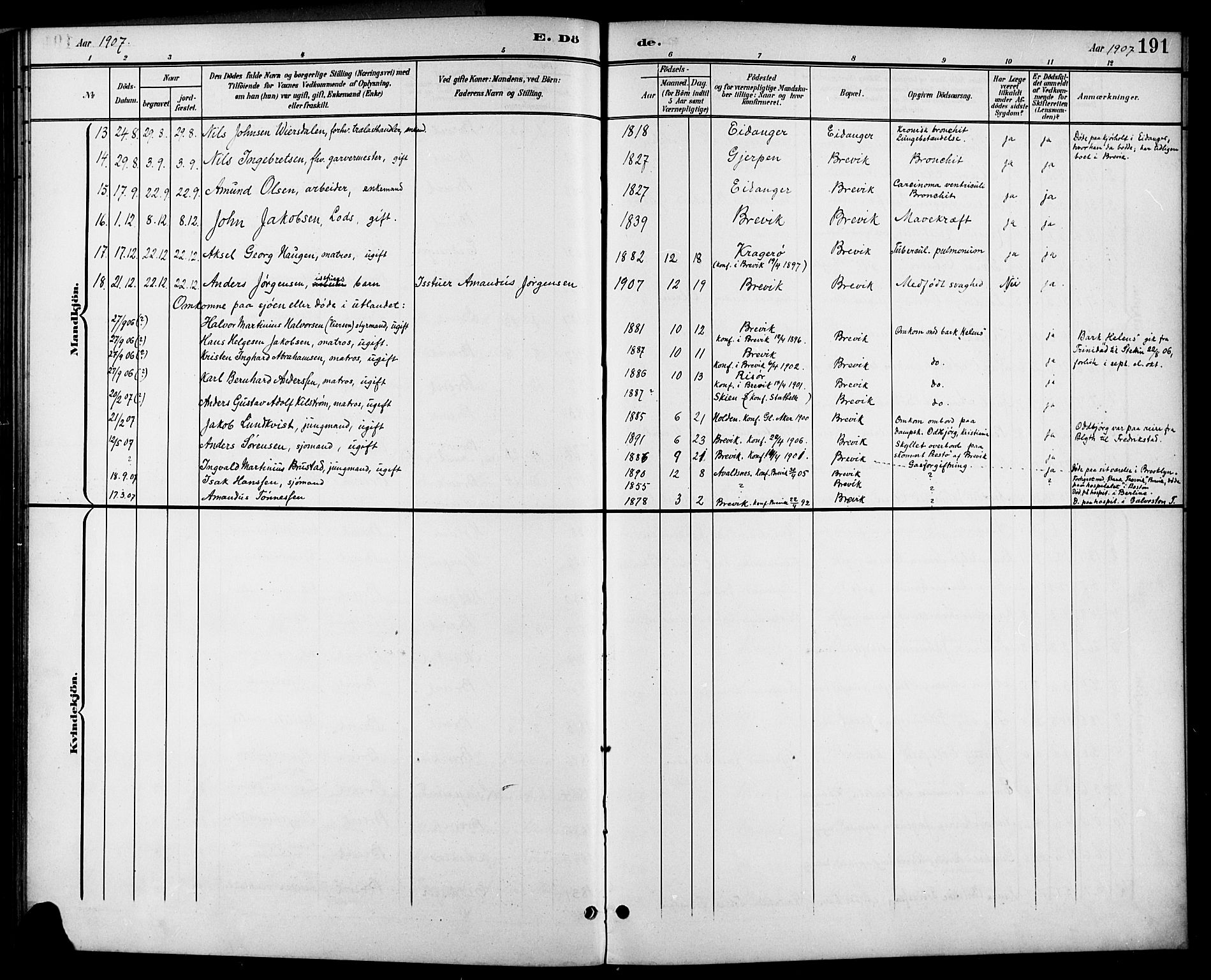 Brevik kirkebøker, SAKO/A-255/G/Ga/L0005: Parish register (copy) no. 5, 1901-1924, p. 191