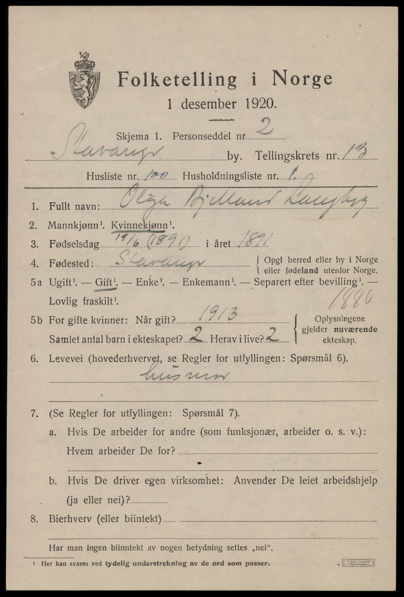 SAST, 1920 census for Stavanger, 1920, p. 59442