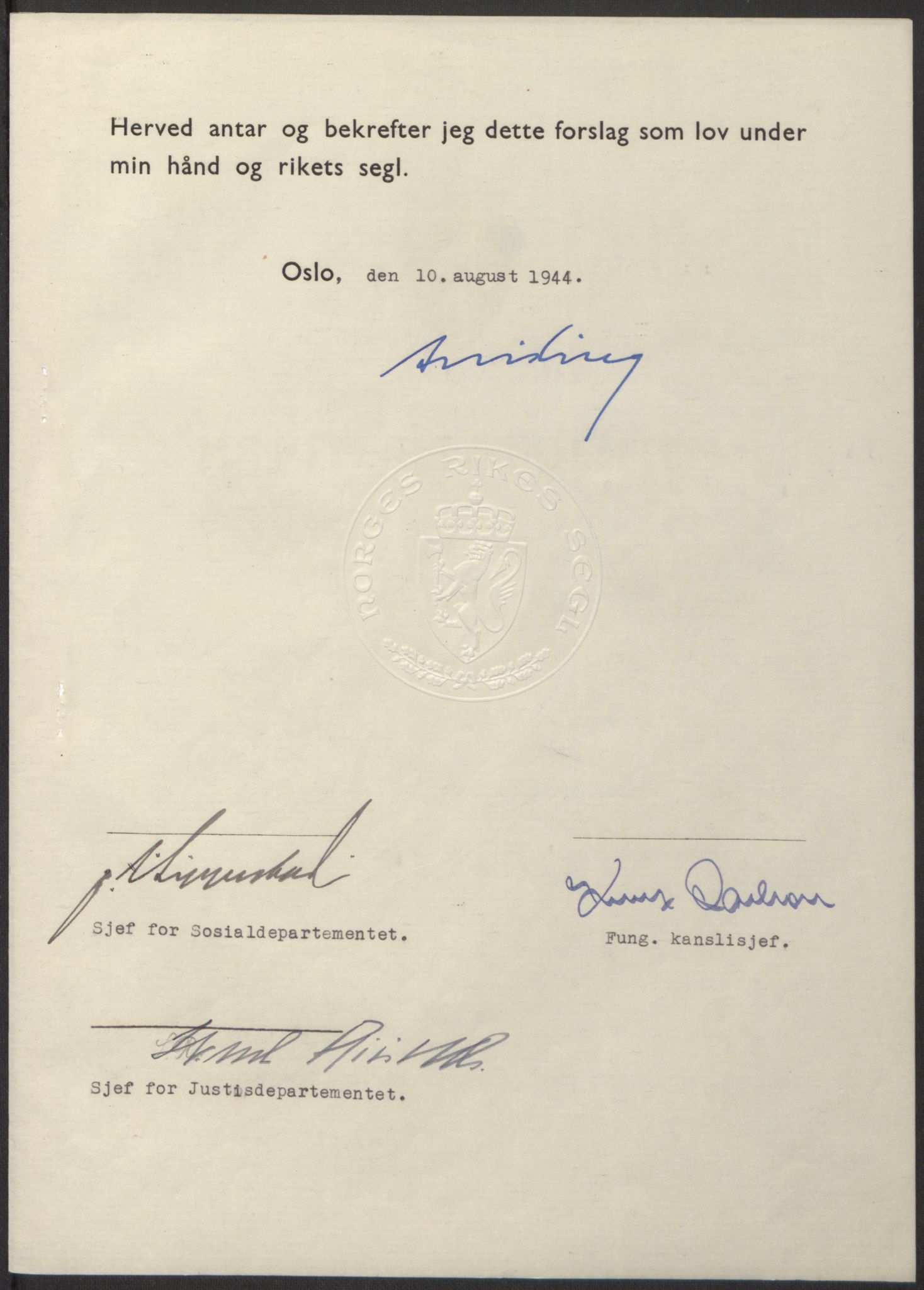 NS-administrasjonen 1940-1945 (Statsrådsekretariatet, de kommisariske statsråder mm), AV/RA-S-4279/D/Db/L0100: Lover, 1944, p. 383