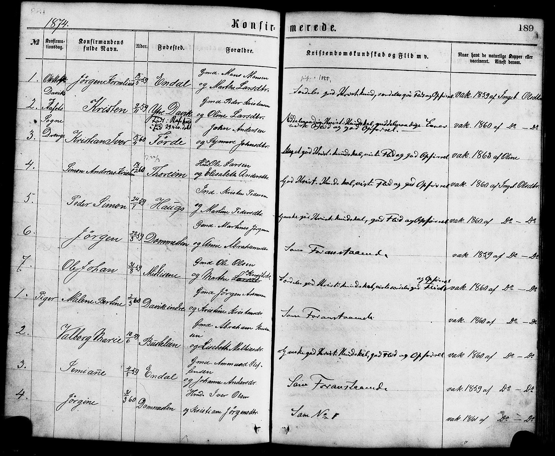 Davik sokneprestembete, SAB/A-79701/H/Haa/Haaa/L0006: Parish register (official) no. A 6, 1867-1881, p. 189