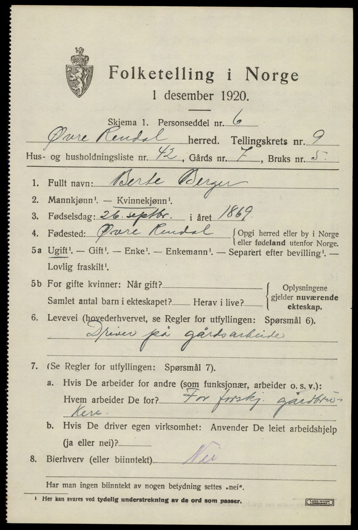 SAH, 1920 census for Øvre Rendal, 1920, p. 3789