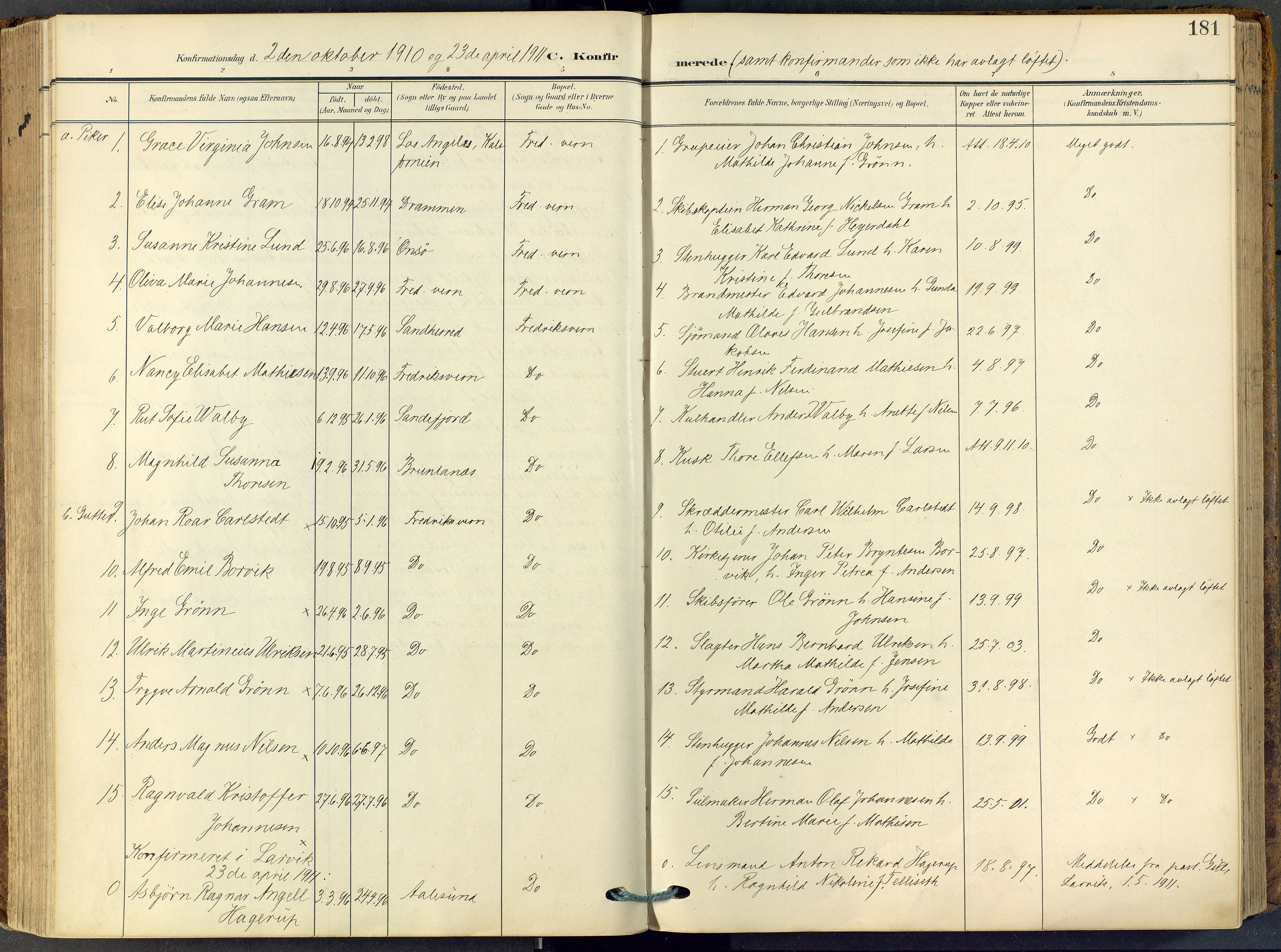 Stavern kirkebøker, AV/SAKO-A-318/F/Fa/L0009: Parish register (official) no. 9, 1906-1955, p. 181