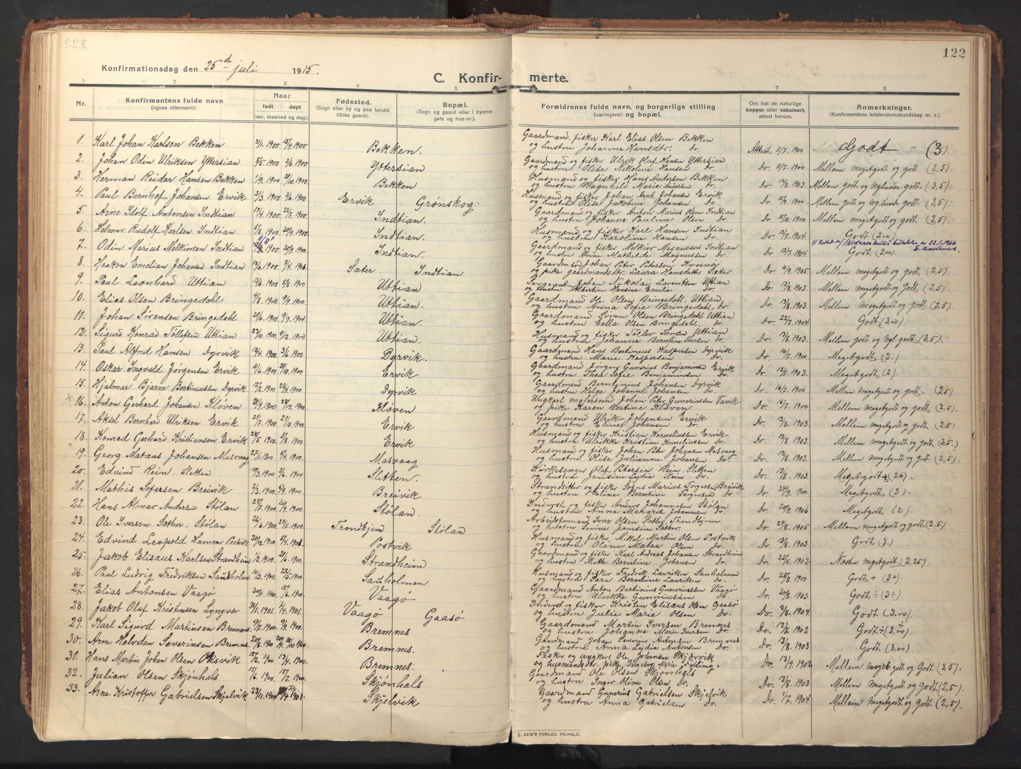 Ministerialprotokoller, klokkerbøker og fødselsregistre - Sør-Trøndelag, SAT/A-1456/640/L0581: Parish register (official) no. 640A06, 1910-1924, p. 122