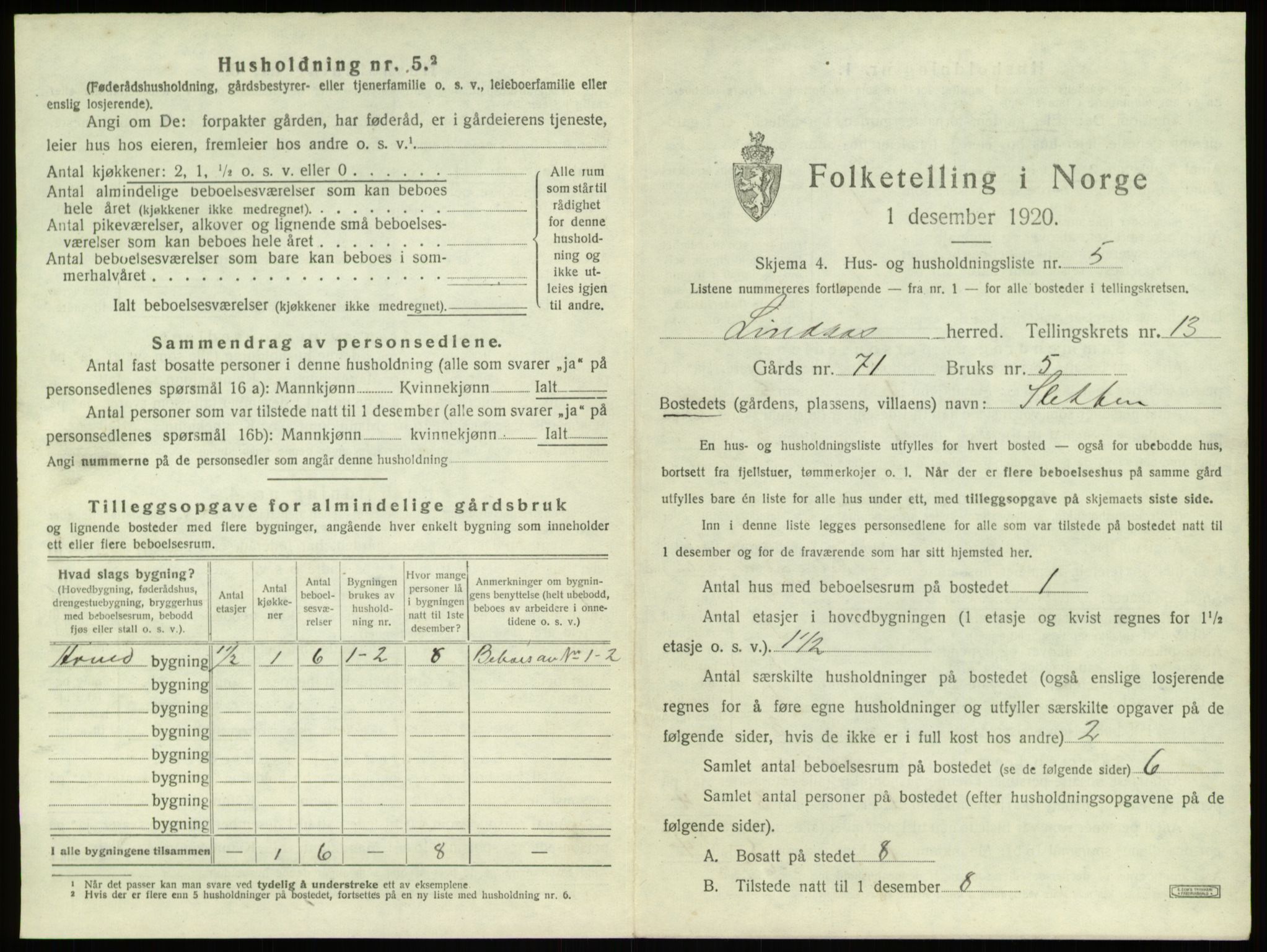 SAB, 1920 census for Lindås, 1920, p. 833