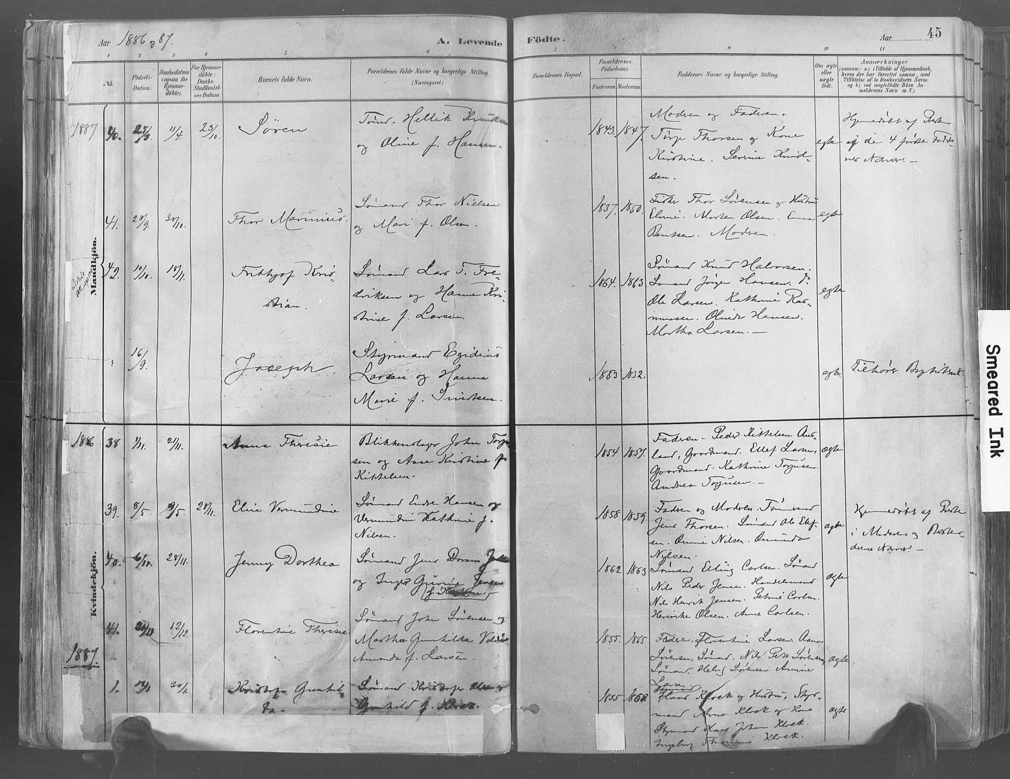 Risør sokneprestkontor, AV/SAK-1111-0035/F/Fa/L0005: Parish register (official) no. A 5, 1883-1895, p. 45