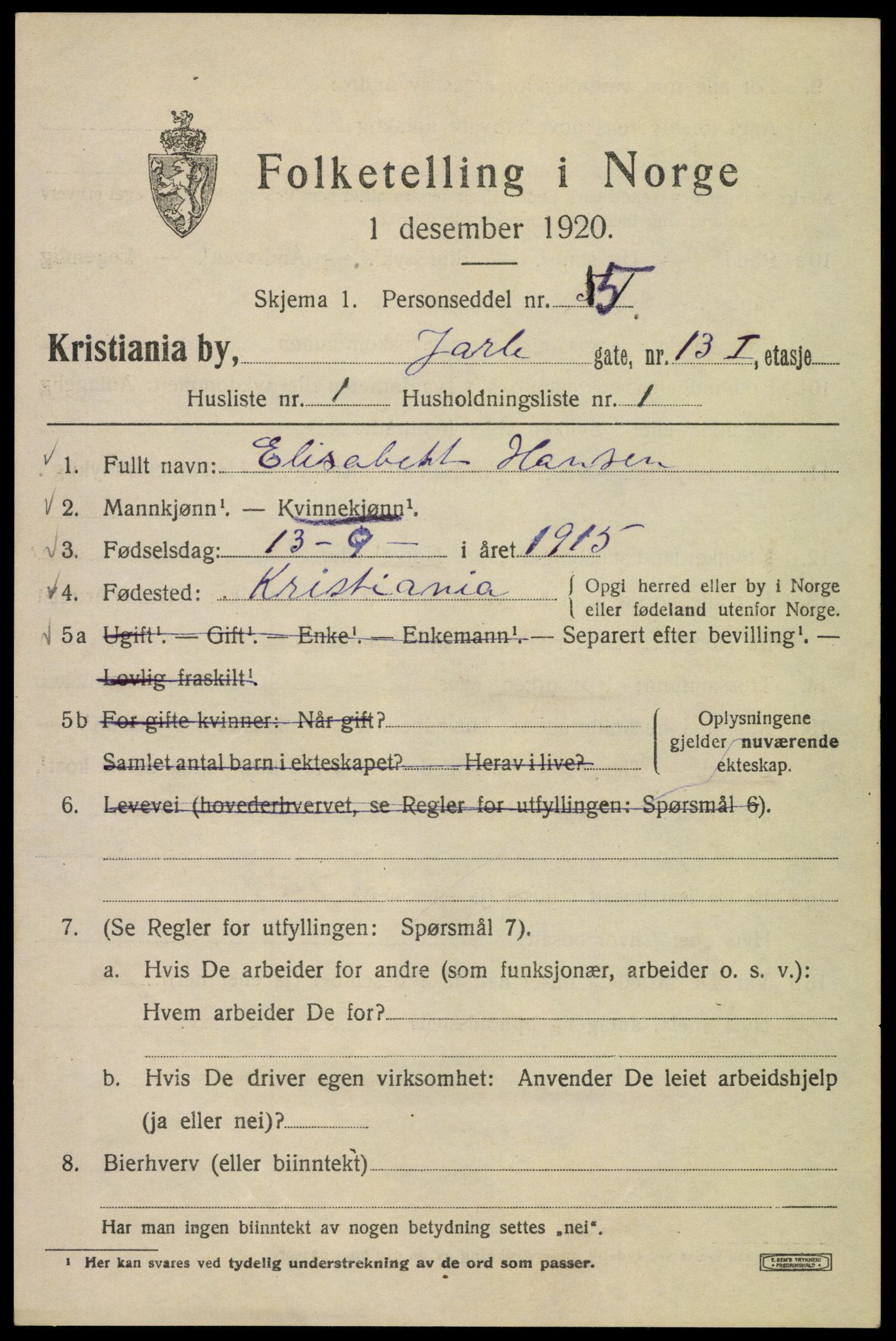 SAO, 1920 census for Kristiania, 1920, p. 316551