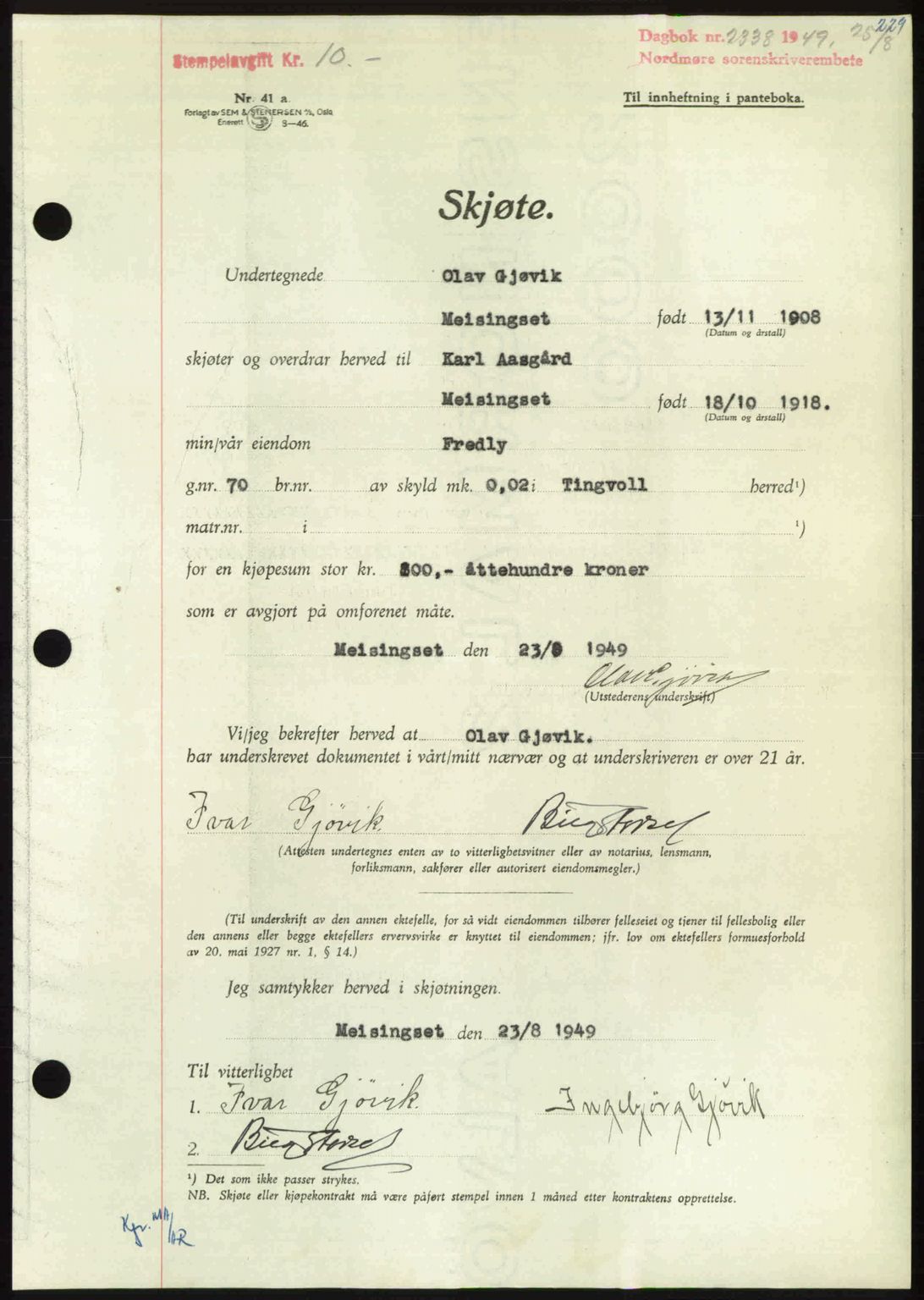 Nordmøre sorenskriveri, AV/SAT-A-4132/1/2/2Ca: Mortgage book no. A112, 1949-1949, Diary no: : 2338/1949