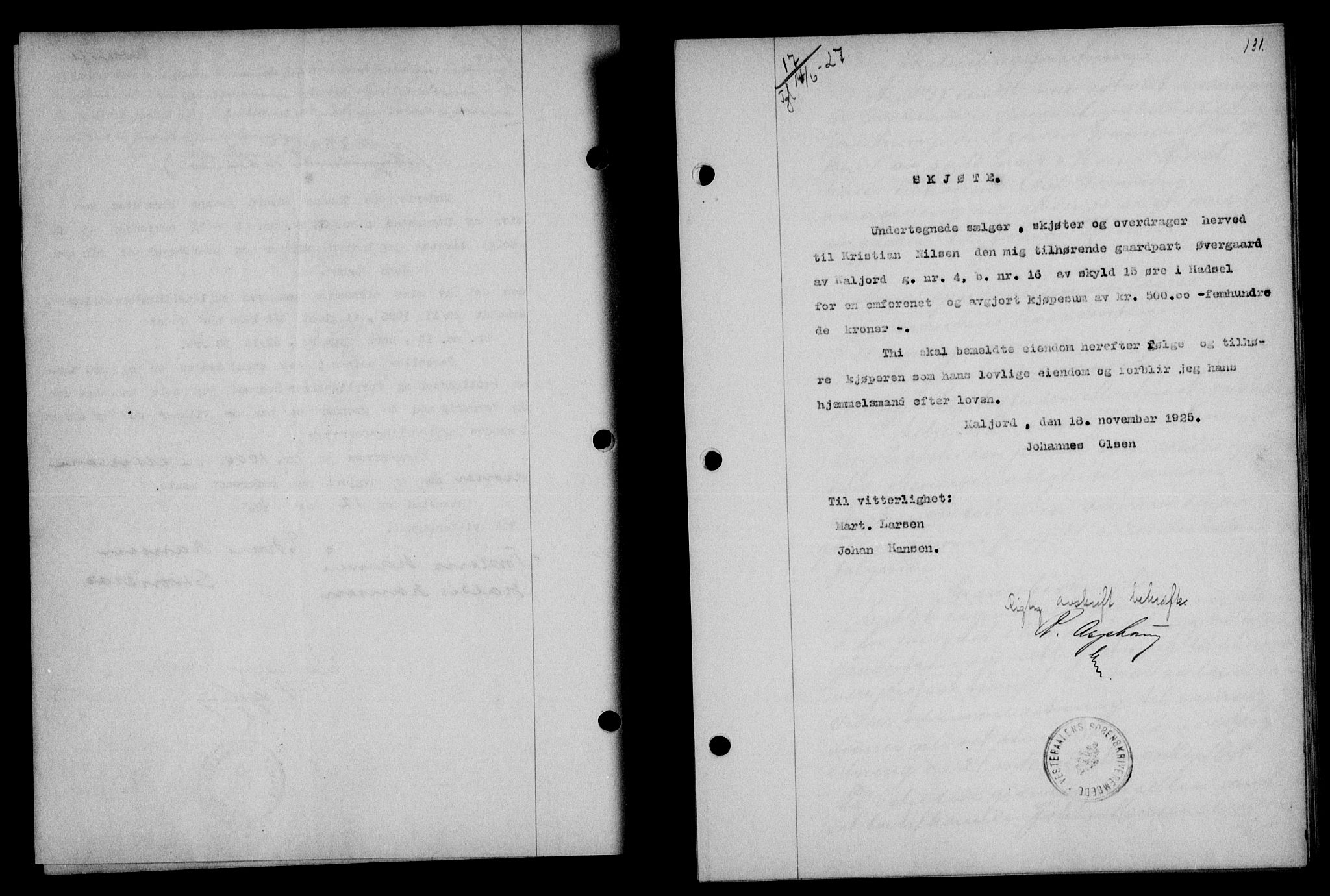 Vesterålen sorenskriveri, SAT/A-4180/1/2/2Ca/L0044: Mortgage book no. 37, 1927-1927, Deed date: 14.06.1927