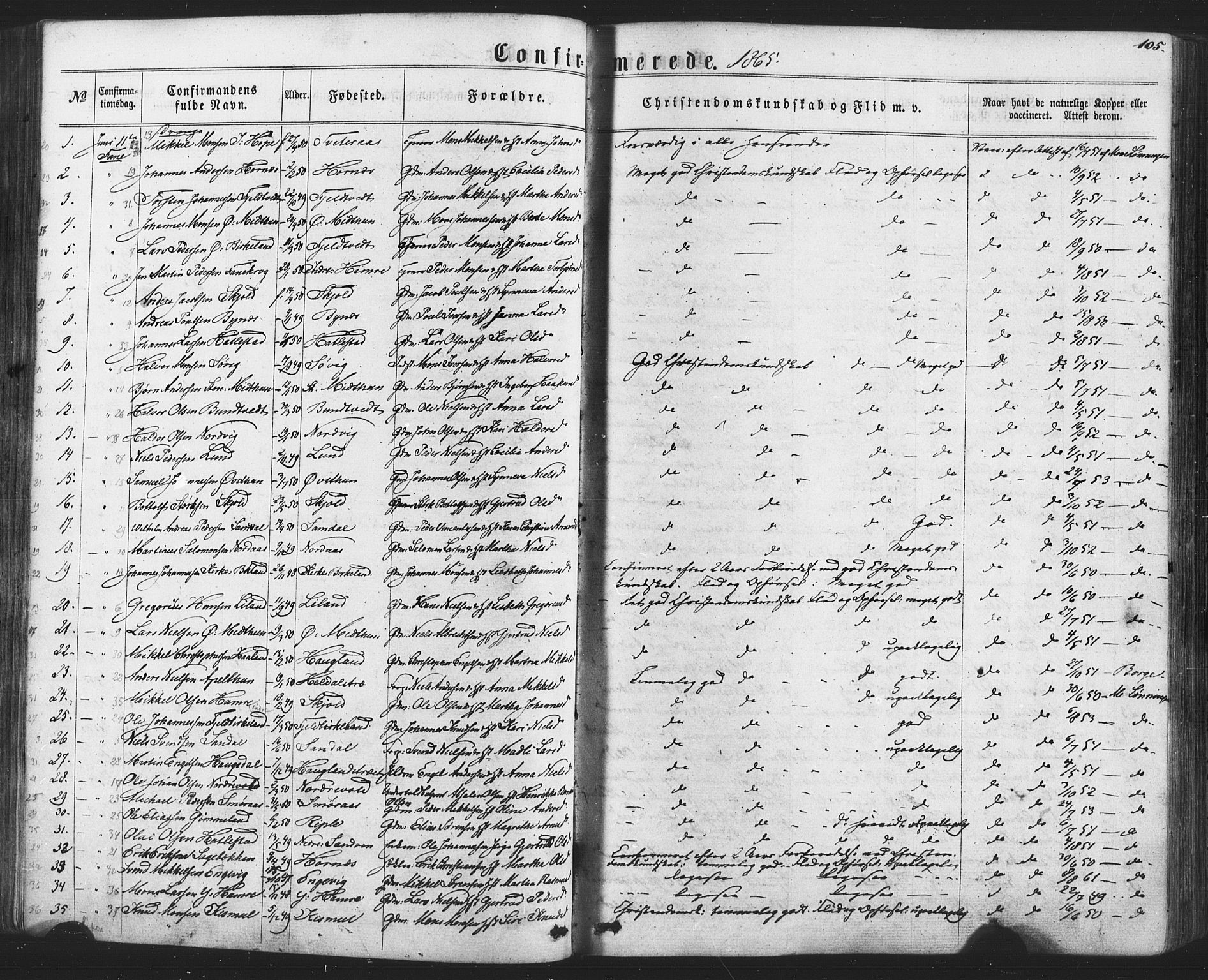 Fana Sokneprestembete, SAB/A-75101/H/Haa/Haaa/L0012: Parish register (official) no. A 12, 1862-1878, p. 105