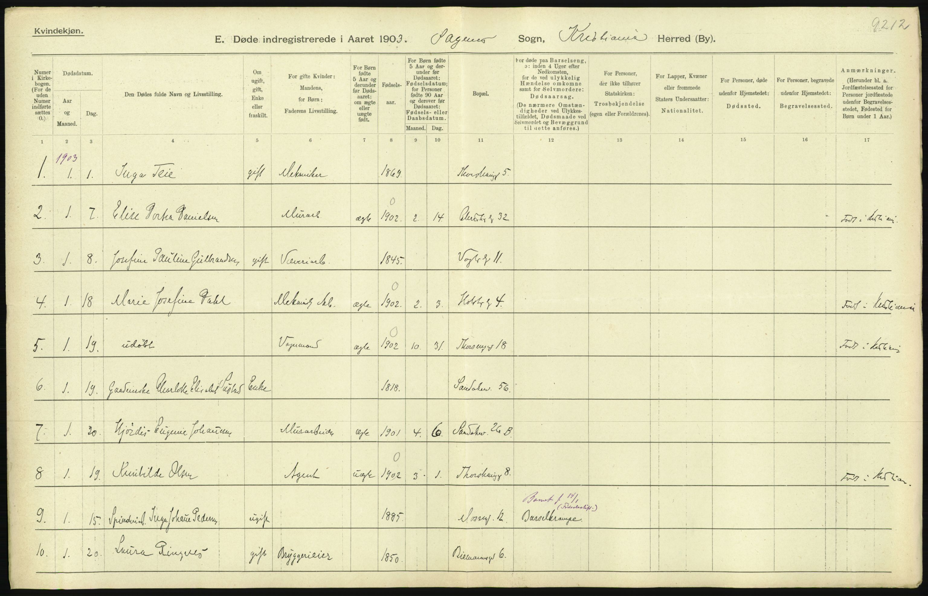 Statistisk sentralbyrå, Sosiodemografiske emner, Befolkning, AV/RA-S-2228/D/Df/Dfa/Dfaa/L0004: Kristiania: Gifte, døde, 1903, p. 97