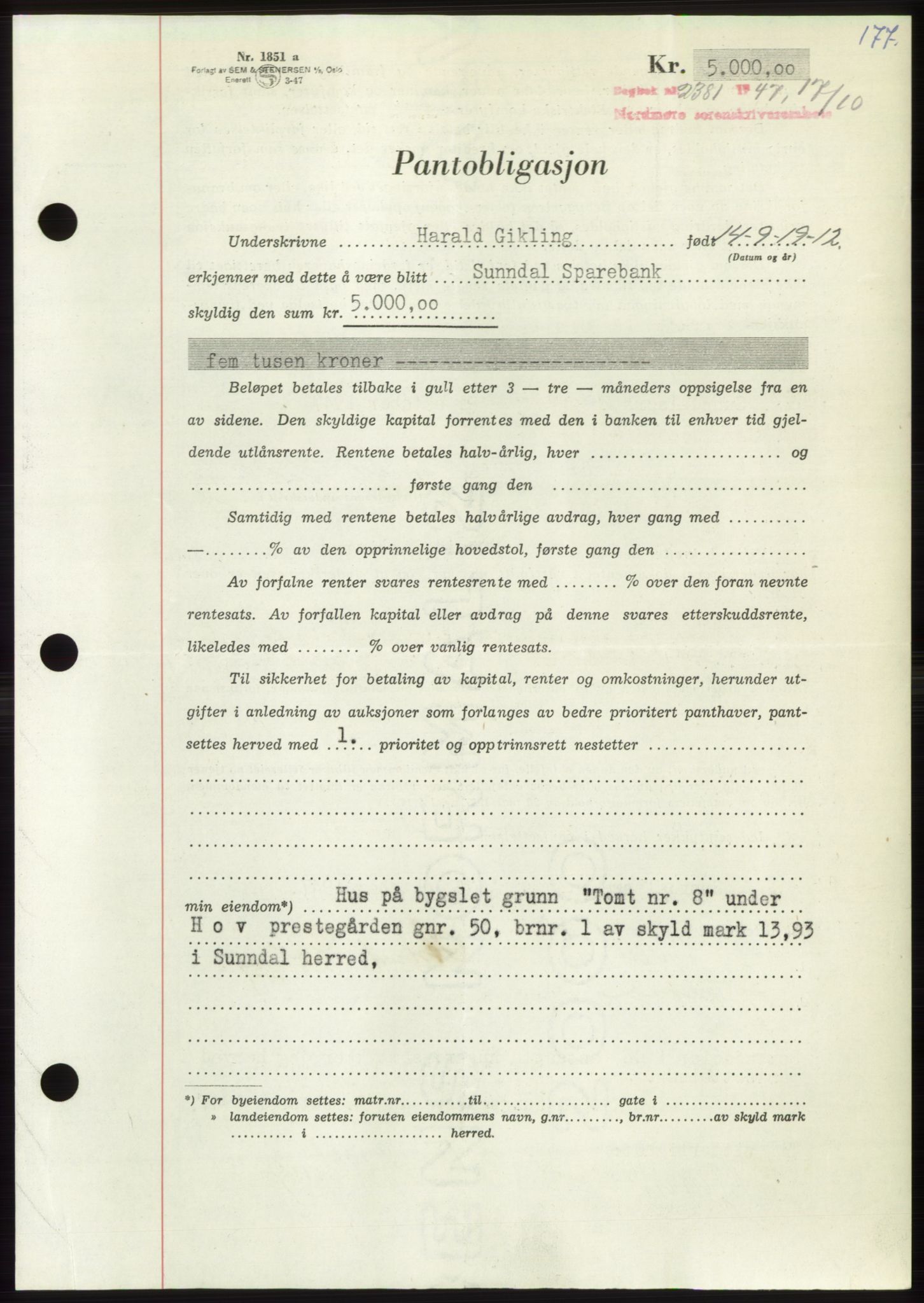 Nordmøre sorenskriveri, AV/SAT-A-4132/1/2/2Ca: Mortgage book no. B97, 1947-1948, Diary no: : 2381/1947