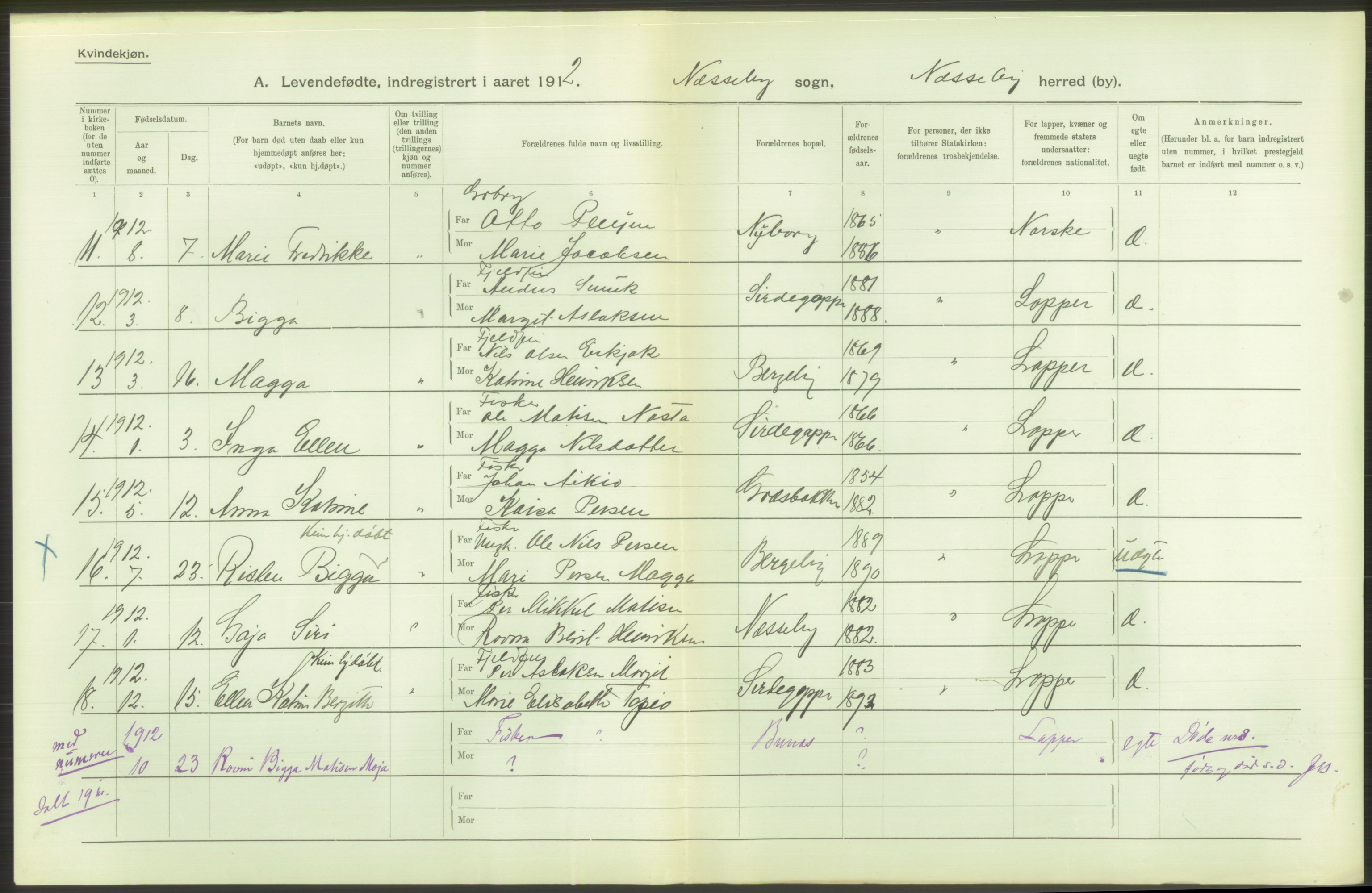 Statistisk sentralbyrå, Sosiodemografiske emner, Befolkning, AV/RA-S-2228/D/Df/Dfb/Dfbb/L0051: Finnmarkens amt: Levendefødte menn og kvinner. Bygder og byer, samt gifte, døde, dødfødte. Bygder og byer., 1912, p. 306
