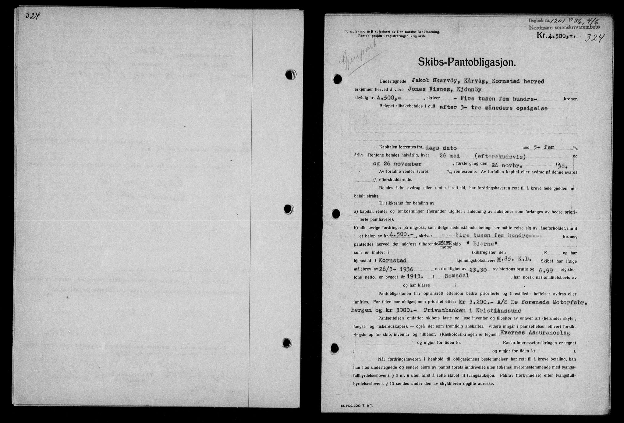 Nordmøre sorenskriveri, AV/SAT-A-4132/1/2/2Ca/L0088: Mortgage book no. 78, 1936-1936, Diary no: : 1201/1936