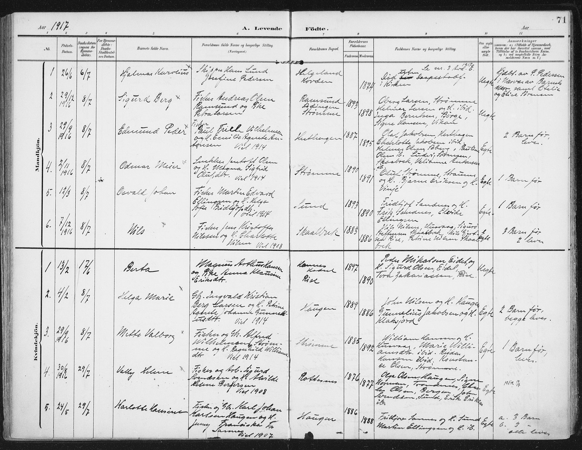 Ministerialprotokoller, klokkerbøker og fødselsregistre - Nordland, AV/SAT-A-1459/892/L1321: Parish register (official) no. 892A02, 1902-1918, p. 71