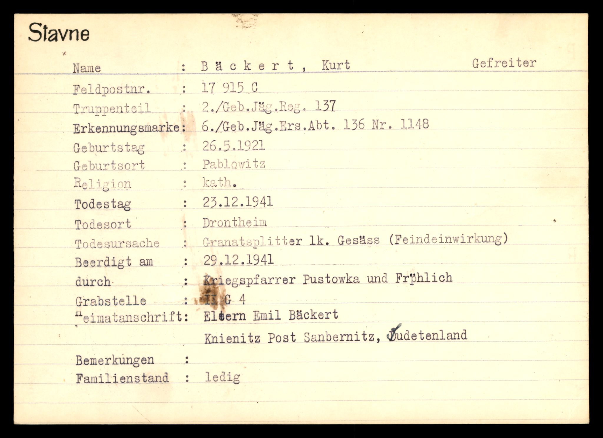 Distriktskontoret for krigsgraver, SAT/A-5030/E/L0003: Kasett/kartotek over tysk Krigskirkegård Stavne, 1945, p. 33