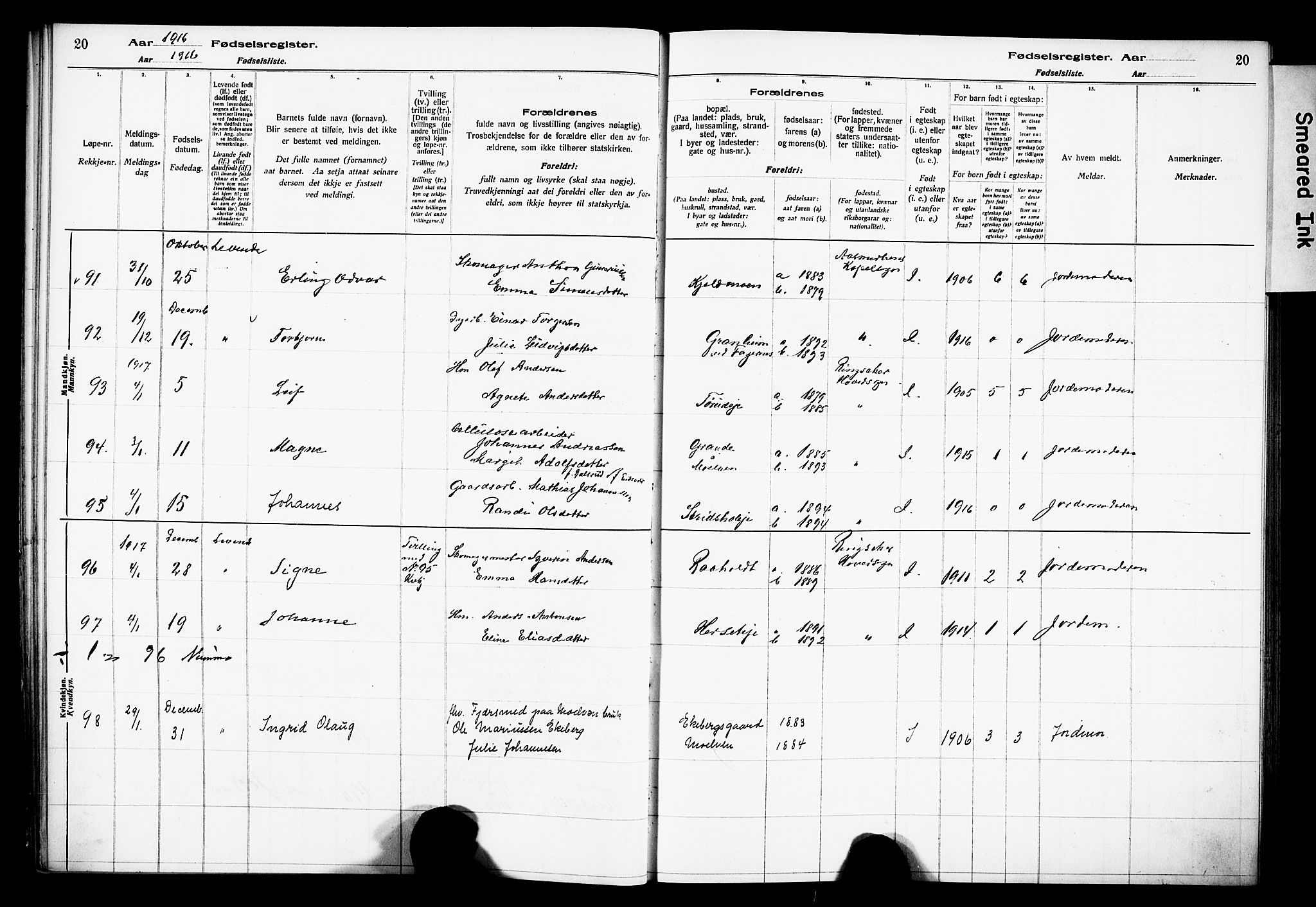 Ringsaker prestekontor, AV/SAH-PREST-014/O/Oa/L0001: Birth register no. 1, 1916-1925, p. 20
