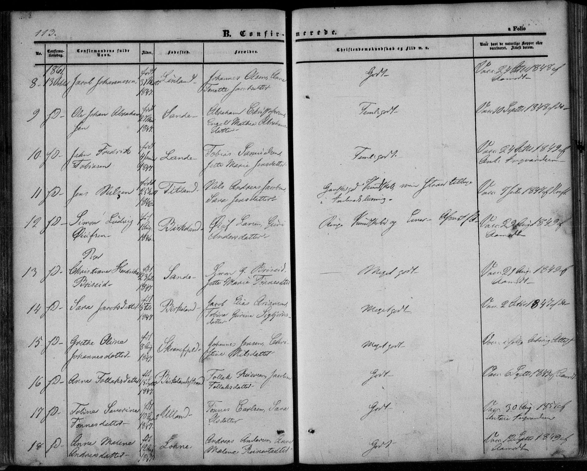 Kvinesdal sokneprestkontor, AV/SAK-1111-0026/F/Fa/Faa/L0002: Parish register (official) no. A 2, 1850-1876, p. 113